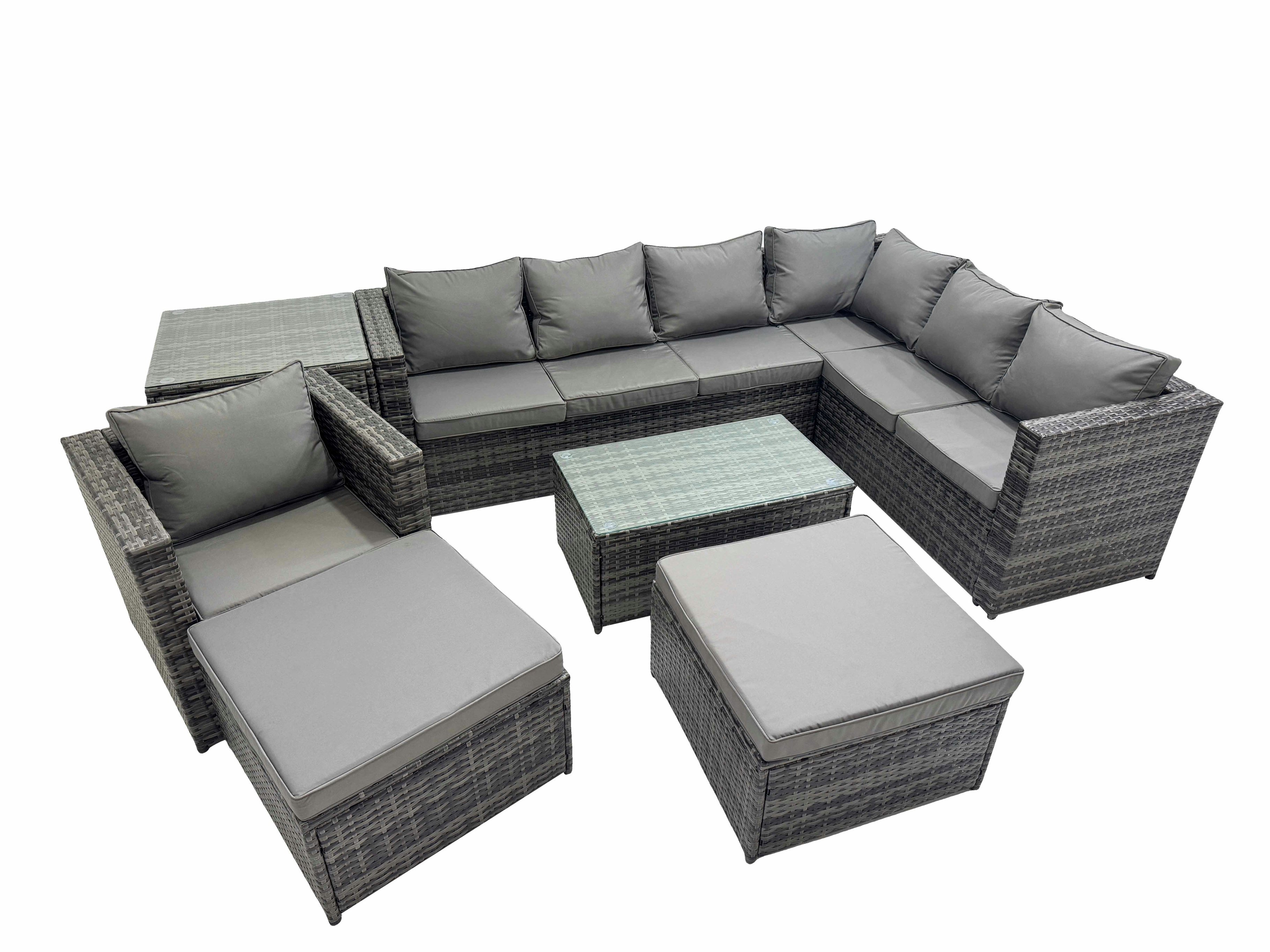 Rackhams Dark/Grey Patio Sofa Oblong Coffee Table Set Rattan Garden Furniture Set With 2 Big Stools Chair Side Table Mixed