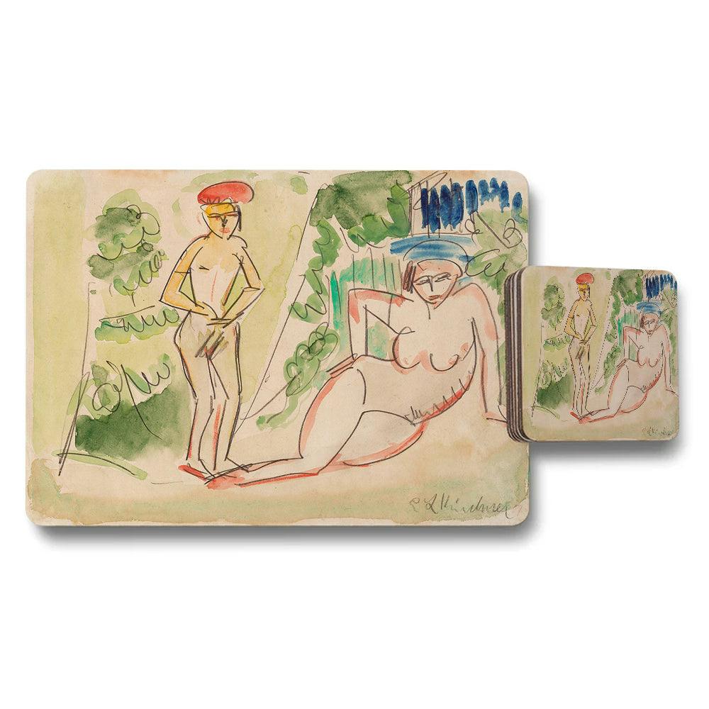 Benjamin Tate Design Nude Figure Garden Art Placemat And Coaster Set Watercolor Sketch