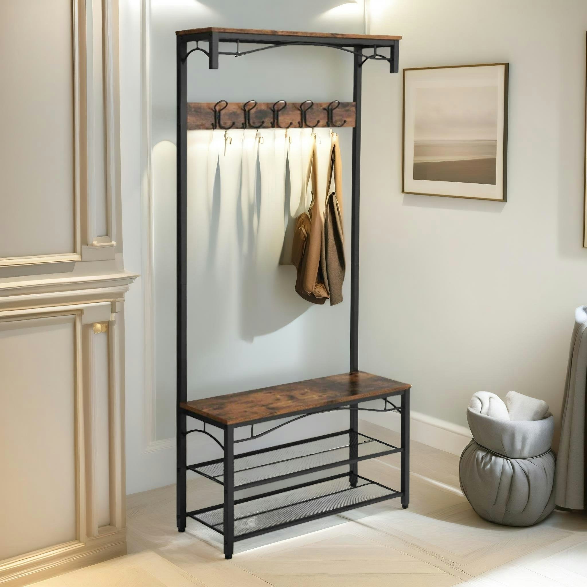 Rafaelo Mobilia Brown Industrial Coat Rack Shoe Storage Bench Rustic