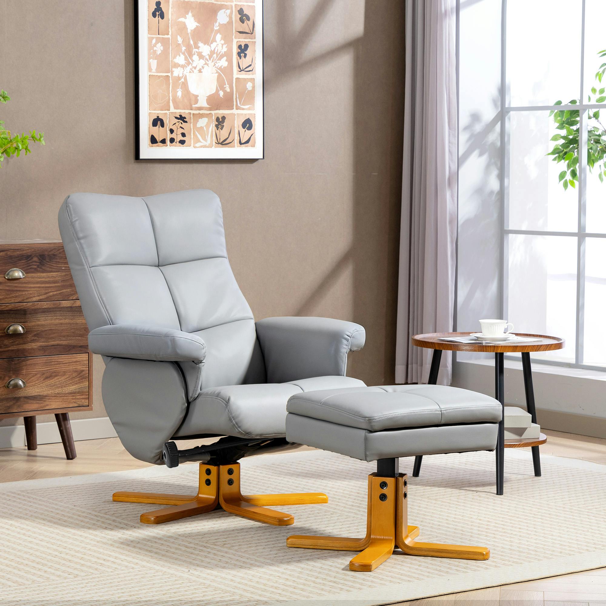 Rackhams Beige/Light/Grey Recliner Chair And Footstool Pu Leather Wooden Base, - Bentwood