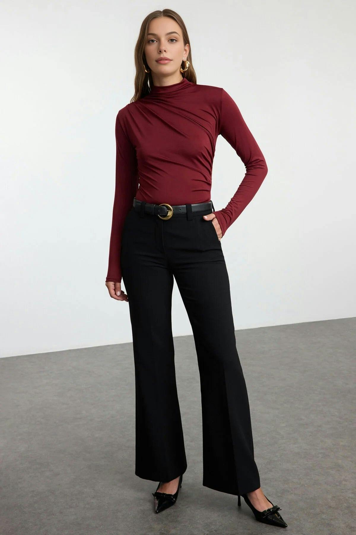 Wovcor Burgundy Stand Collar Knit Bodysuit With Gathered Detail - M