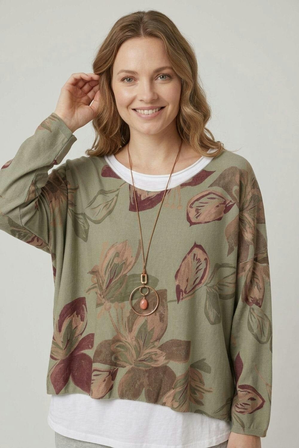 Izabel London Blue Leaf Print Layered Long Sleeve Top - 16 - Khaki