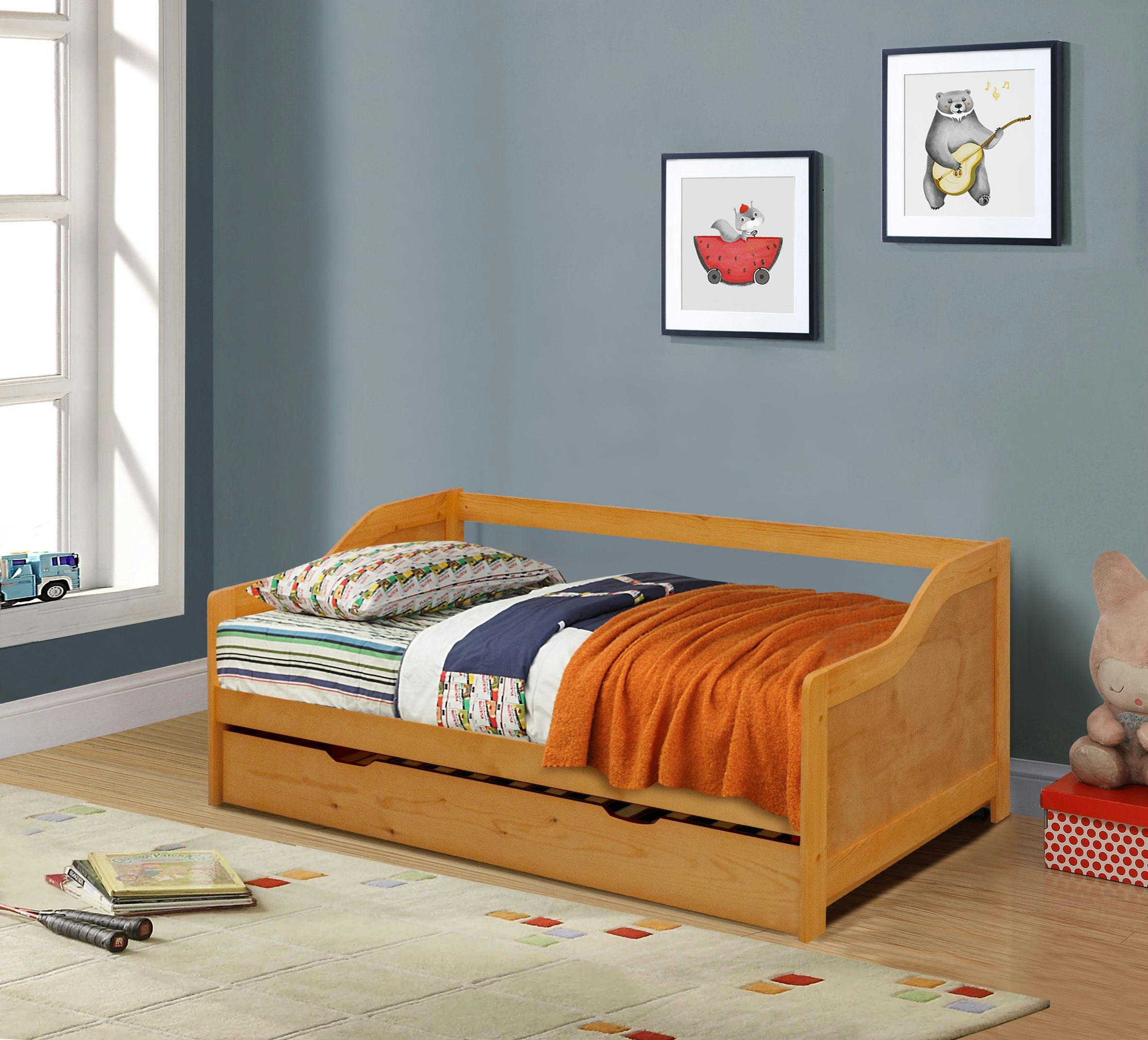Comfy Living Grey/White 3Ft Wooden Trundle Bed, Or Caramel Bedroom Furniture Trundle Bed - Caramel
