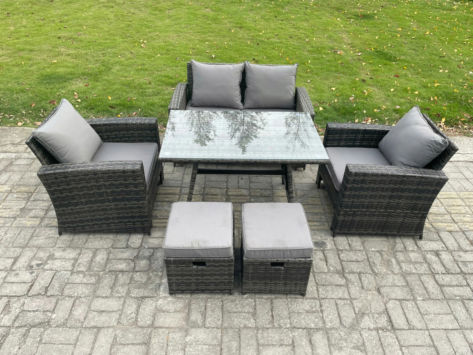 Fimous Dark/Grey 6 Seater Outdoor Garden Furniture High Back Rattan Sofa Dining Table Set With 2 Small Footstools Mixed