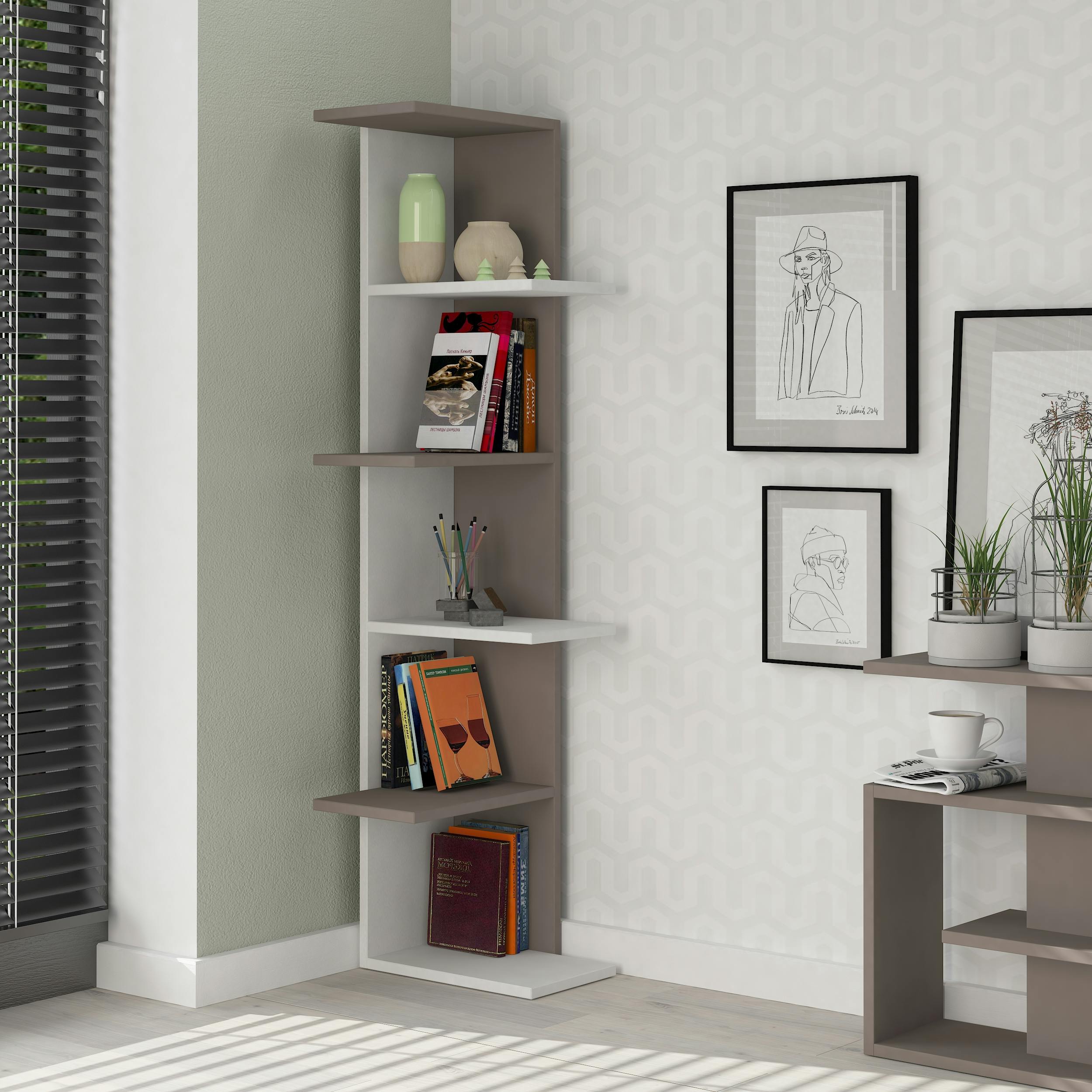 Decortie Grey Saso Modern Corner Bookcase Display Unit Medium 141(H)Cm - Mocha