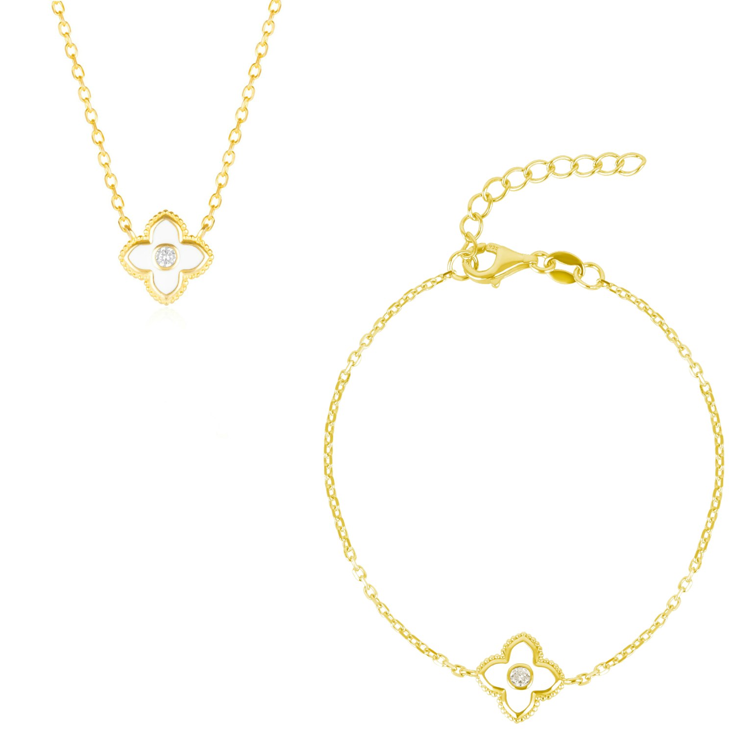 Spero London White/Silver/Gold Enamel Four Leaf Clover Necklace & Bracelet Set With Gemstone In Sterling
