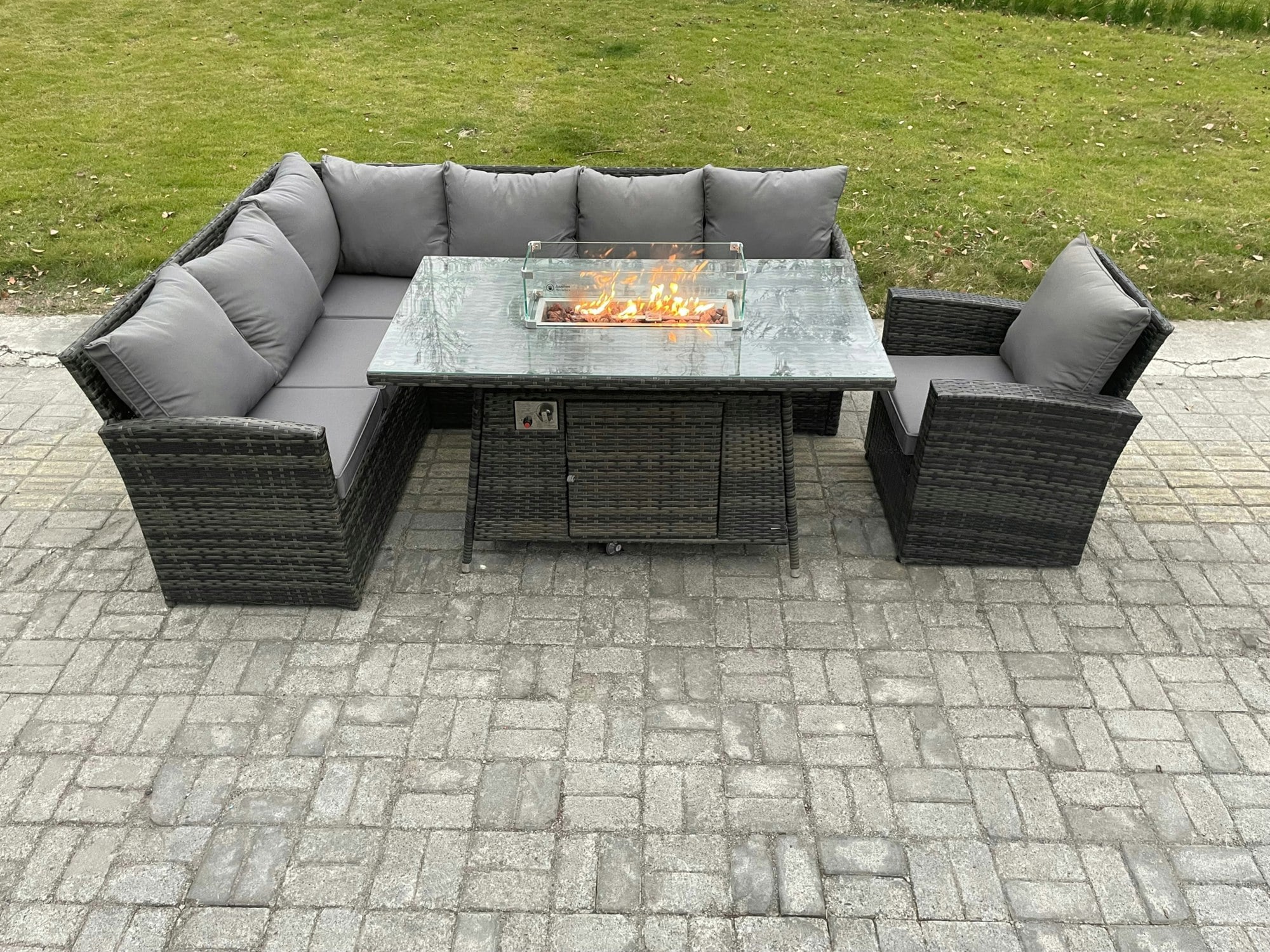 Fimous Dark/Grey Rattan Garden Furniture High Back Corner Sofa Gas Fire Pit Dining Table Sets Gas Heater With Armchair 7 Seater Mixed