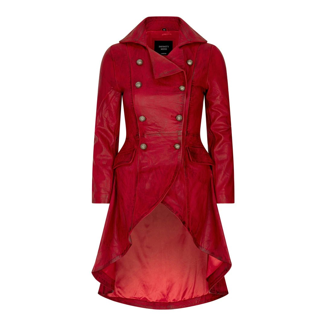 Infinity Leather Women's Red Gothic Tail Coat Double Breasted Leather Jacket - Uk 14