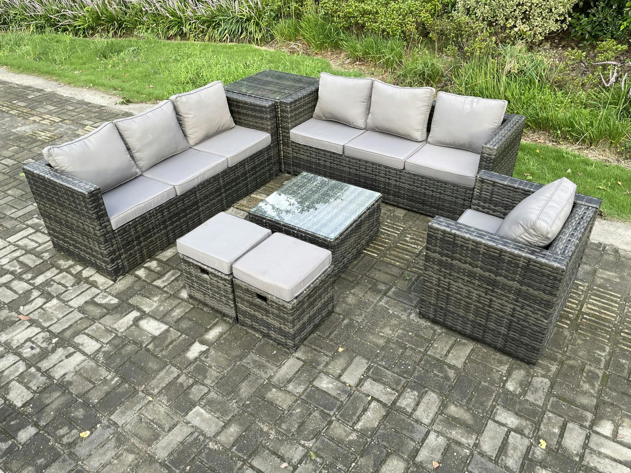 Rackhams Dark/Grey 9 Seater Rattan Garden Furniture Sofa Set With Armchair Side Table Square Coffee Table 2 Small Footstools Indoor Side Table Outdoor Rattan Set