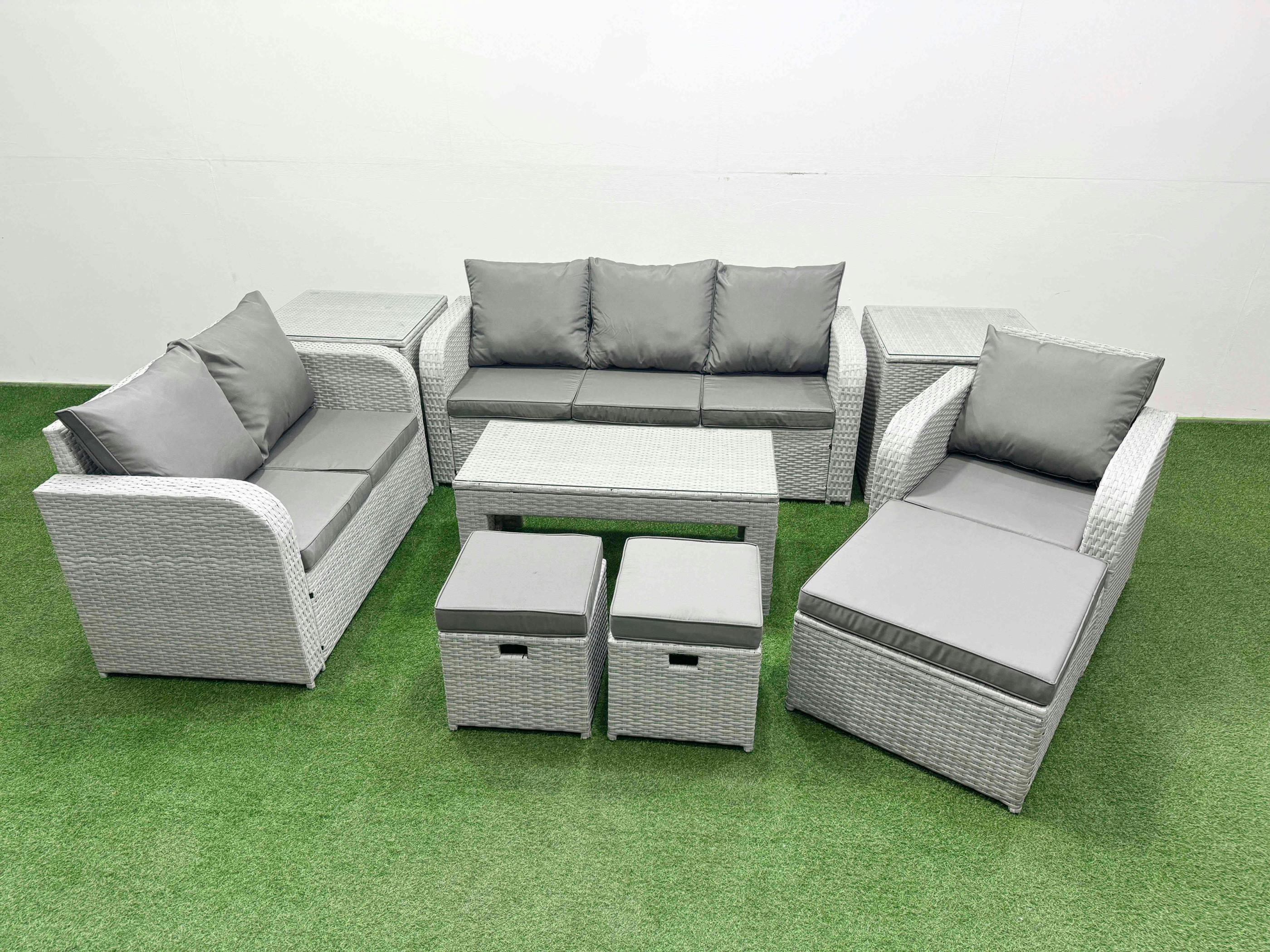 Fimous Light/Grey 9 Seater Outdoor Rattan Sofa Set, Garden Furniture, Coffee Table, Reclining Loveseat, 3 Seater Sofa, Stool And 2 Side Tables,