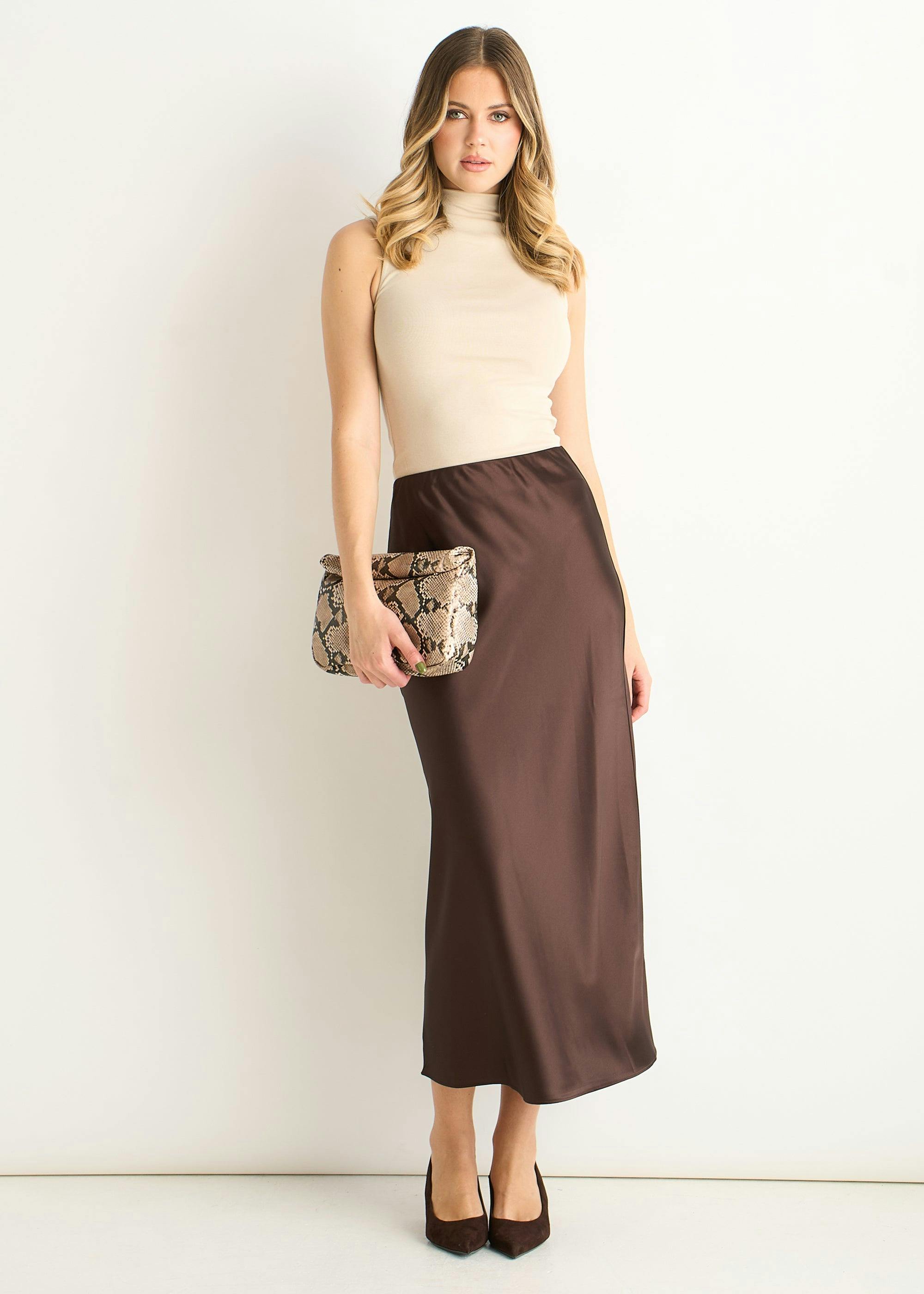 Gini London Brown Chocolate Satin Bias Cut Midi Skirt - Uk 14 / Us 10 / Eu 42