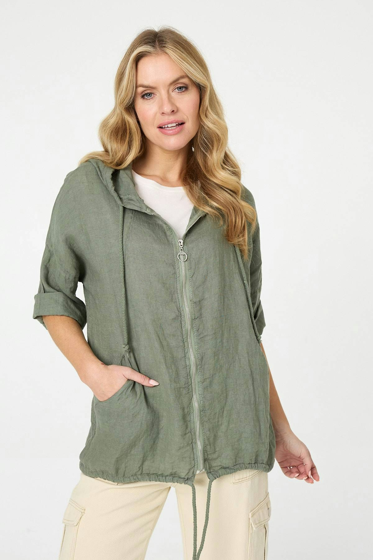 Izabel London Zip Front Drawstring Hooded Parka Jacket - Khaki - 8