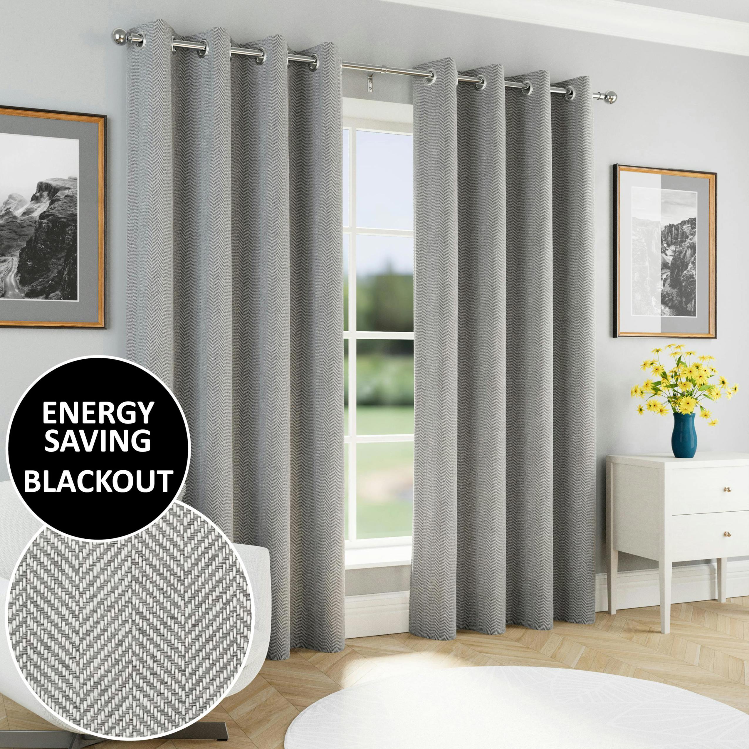 Rackhams Grey Herringbone Jacquard Blackout Eyelet Curtains - Bedroom & Living Room - 90" (229Cm) Width X 72" (183Cm) Drop