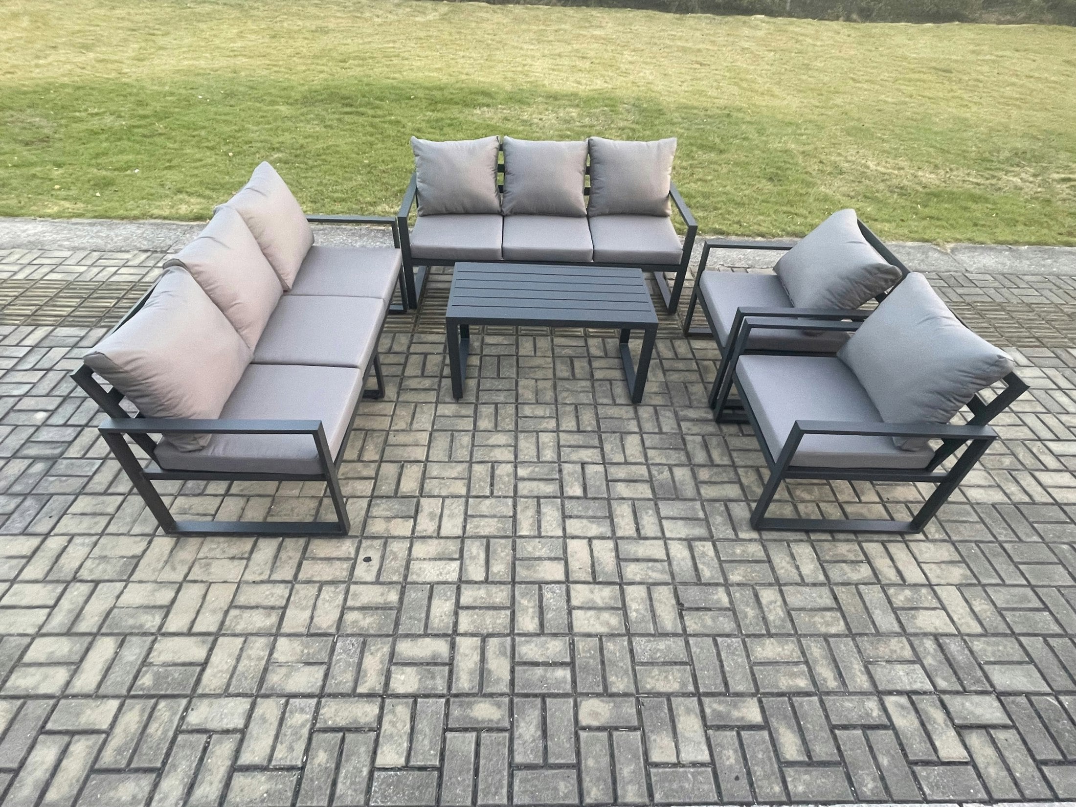 Fimous Dark/Grey Aluminium 5 Pieces Garden Furniture Set With Cushions 8 Seater Outdoor Patio Lounge Sofa Set With 2 Armchairs
