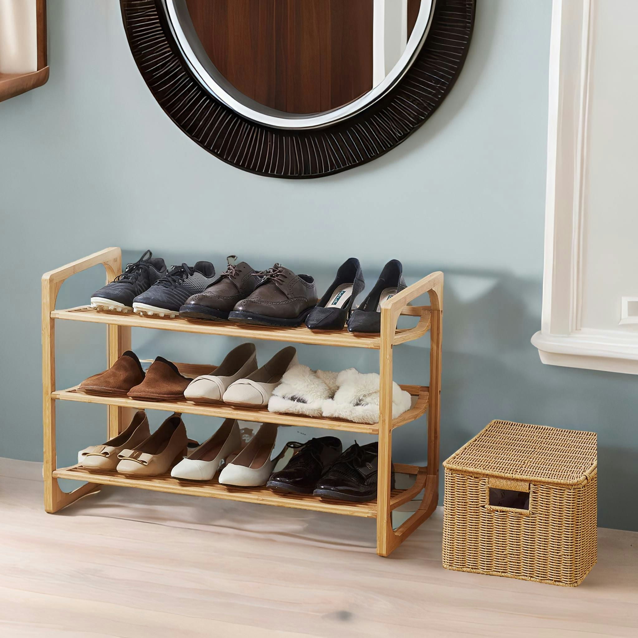 Bmbo Brown 3-Tier Wooden Shoe Rack With Sloped Shelves Natural