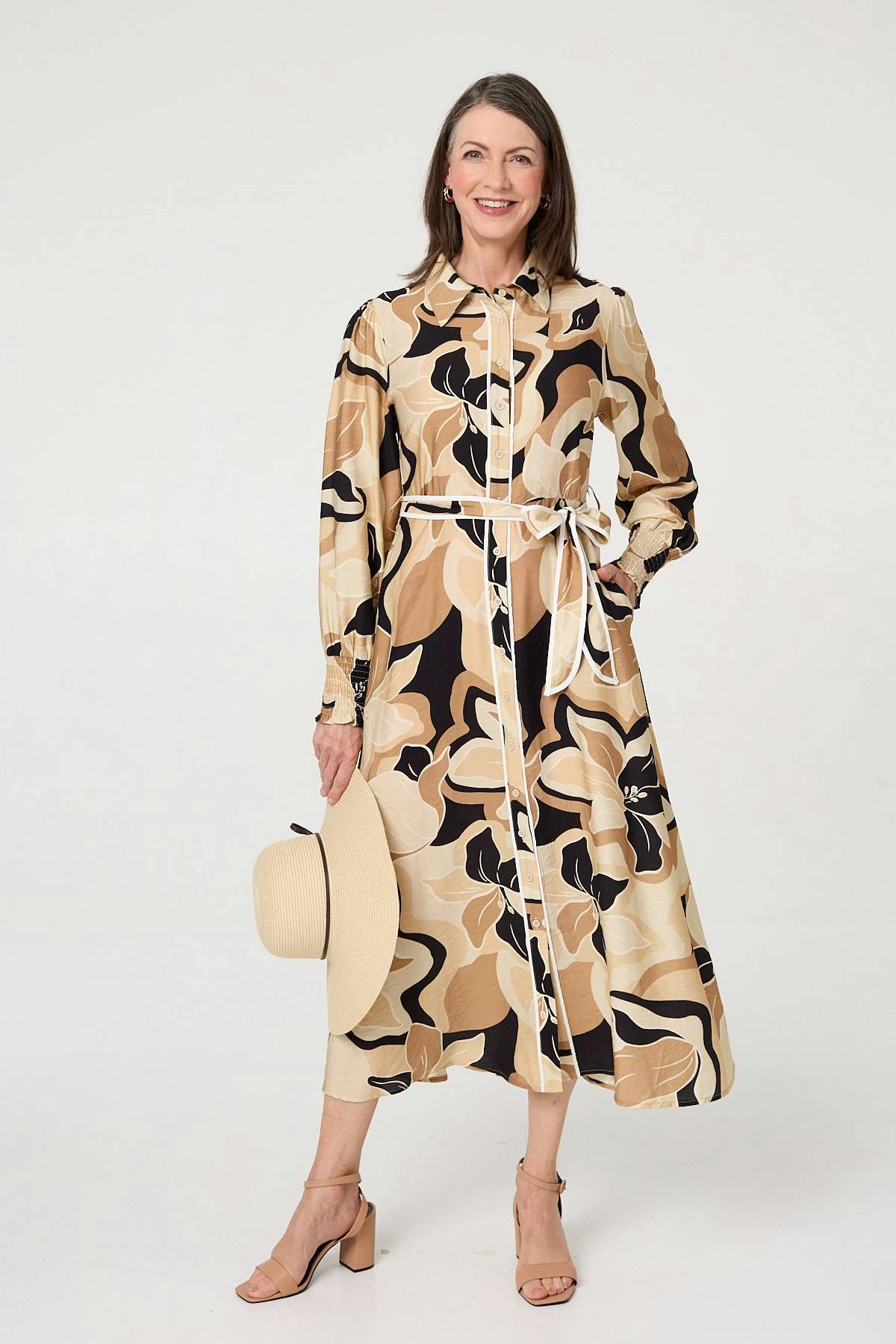 Izabel London Beige Abstract Floral Midi Shirt Dress - 16