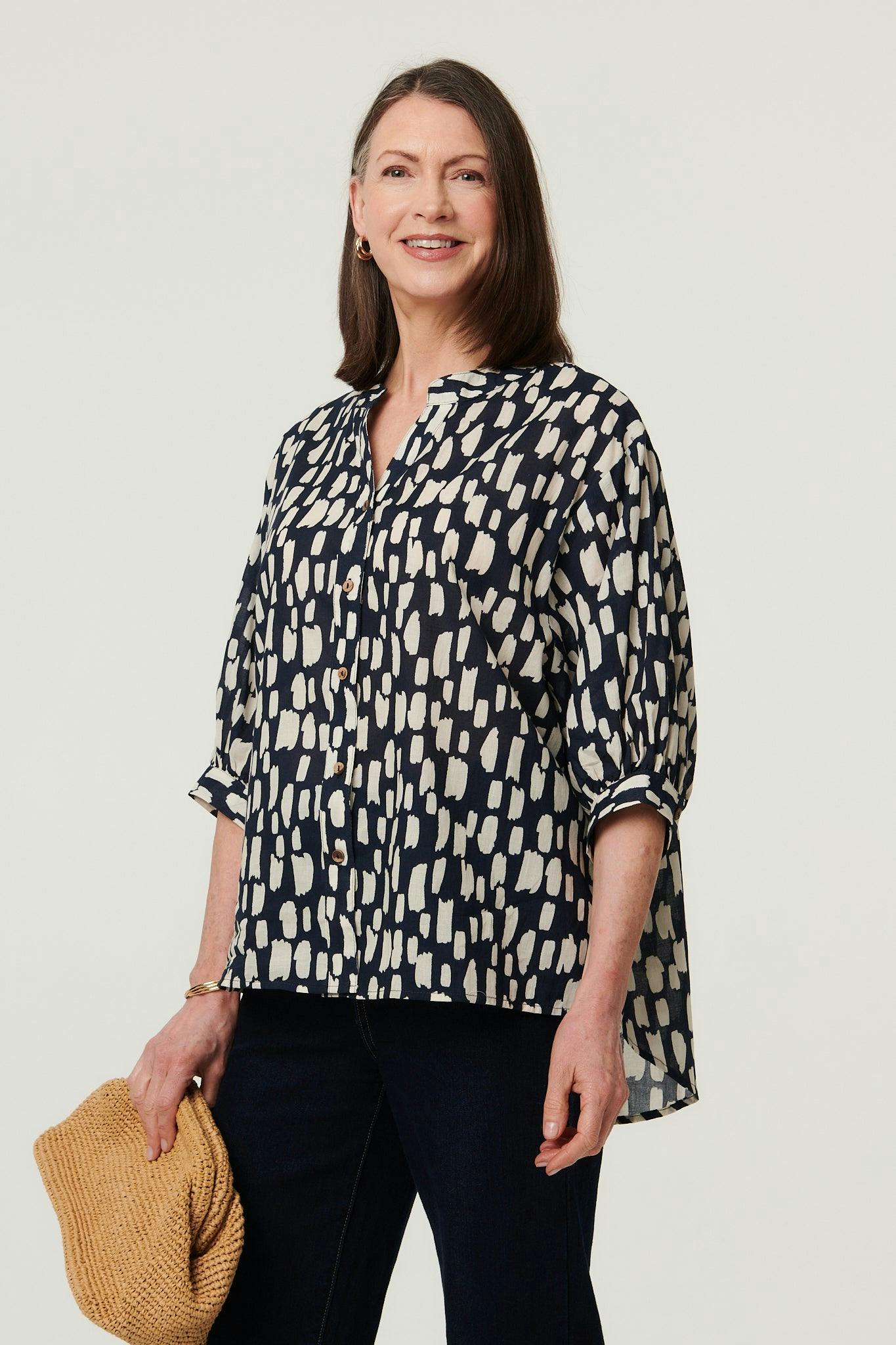 Izabel London Indigo Printed 3/4 Sleeve Relaxed V-Neck Shirt - 18