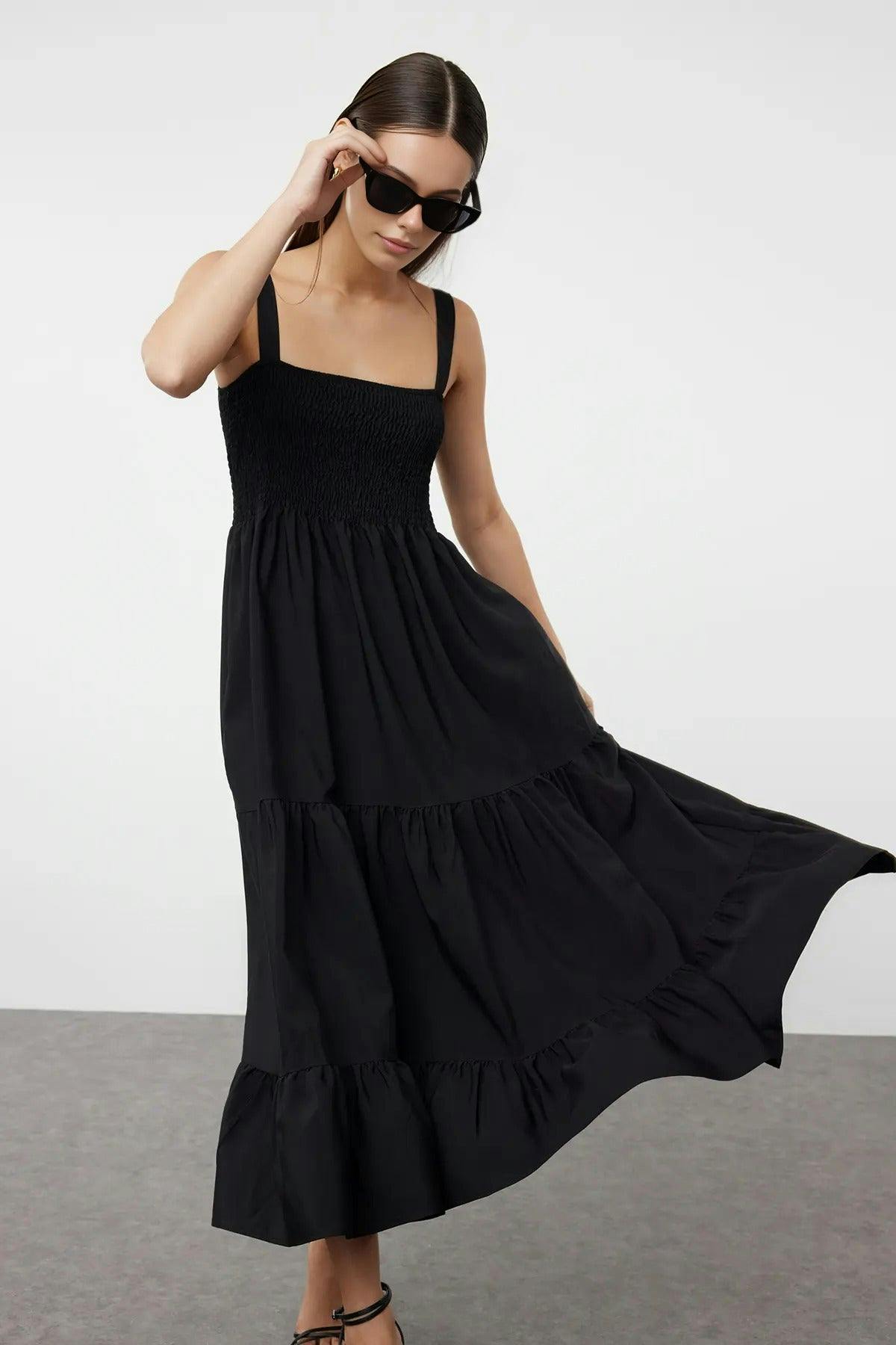 Wovcor Black Ruched Square Neck Thick Strap A-Line Maxi Dress - 6