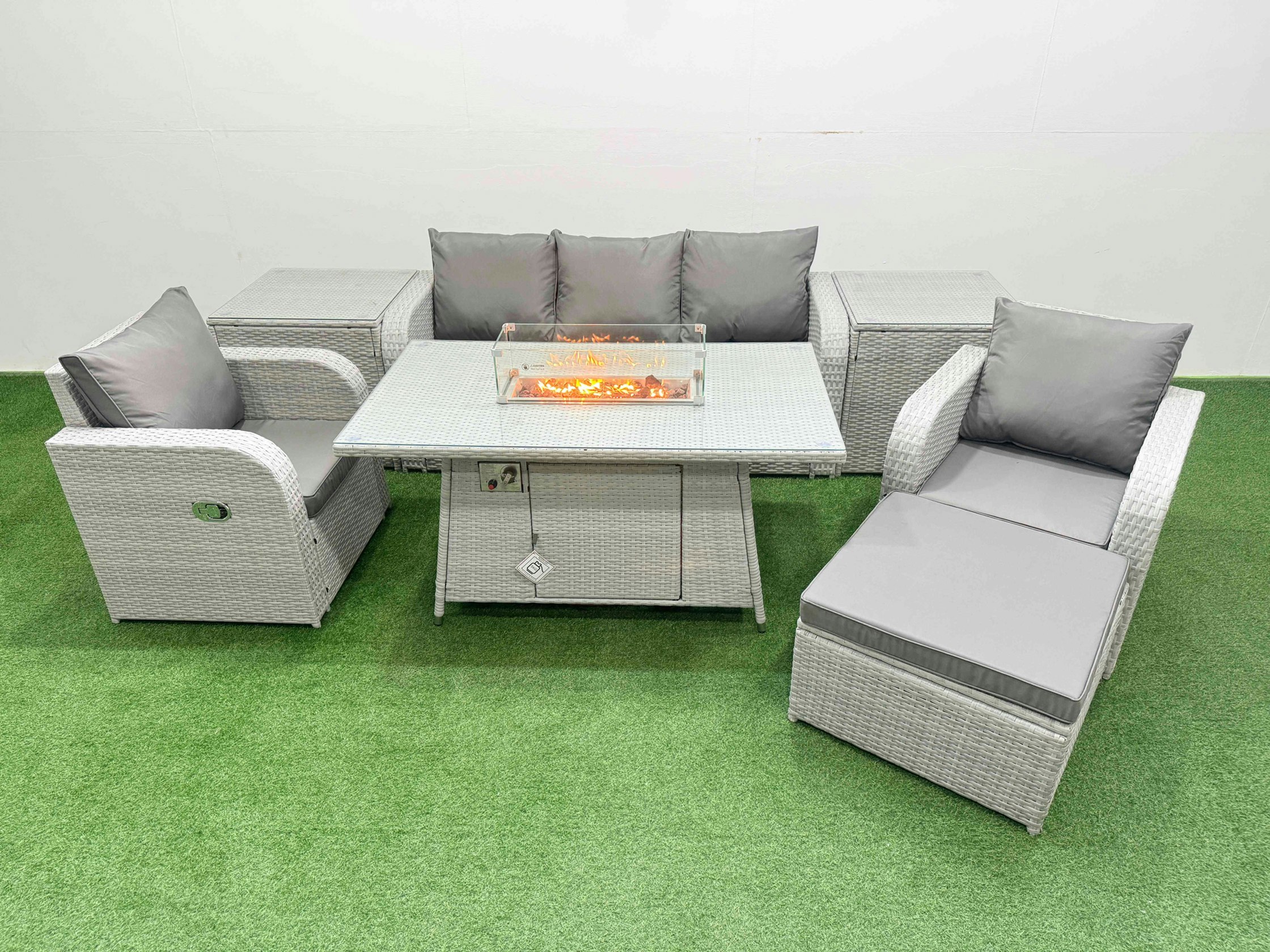 Rackhams Light/Grey Pe Rattan Garden Furniture Set Reclining Chair Sofa Lounge Sofa Set Fire Pit Dining Table 2 Side Table Big Footstool