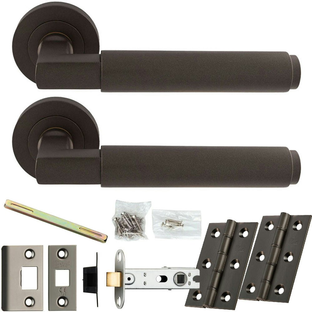 Rackhams Bronze Loops Door Handle & Latch Pack - Matt - Square Smooth Bar Lever On Round Rose