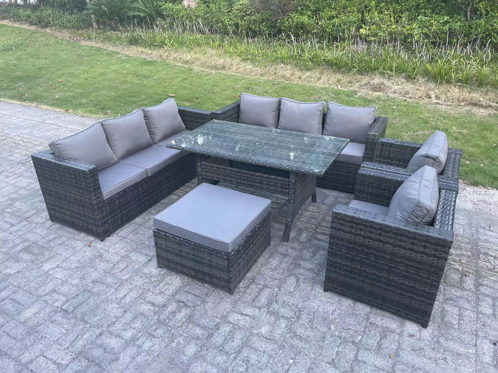 Rackhams Dark/Grey Outdoor Lounge Sofa Garden Furniture Set Patio Rattan Rectangular Dining Table With 2 Armchair Big Footstool 9 Seater Mixed