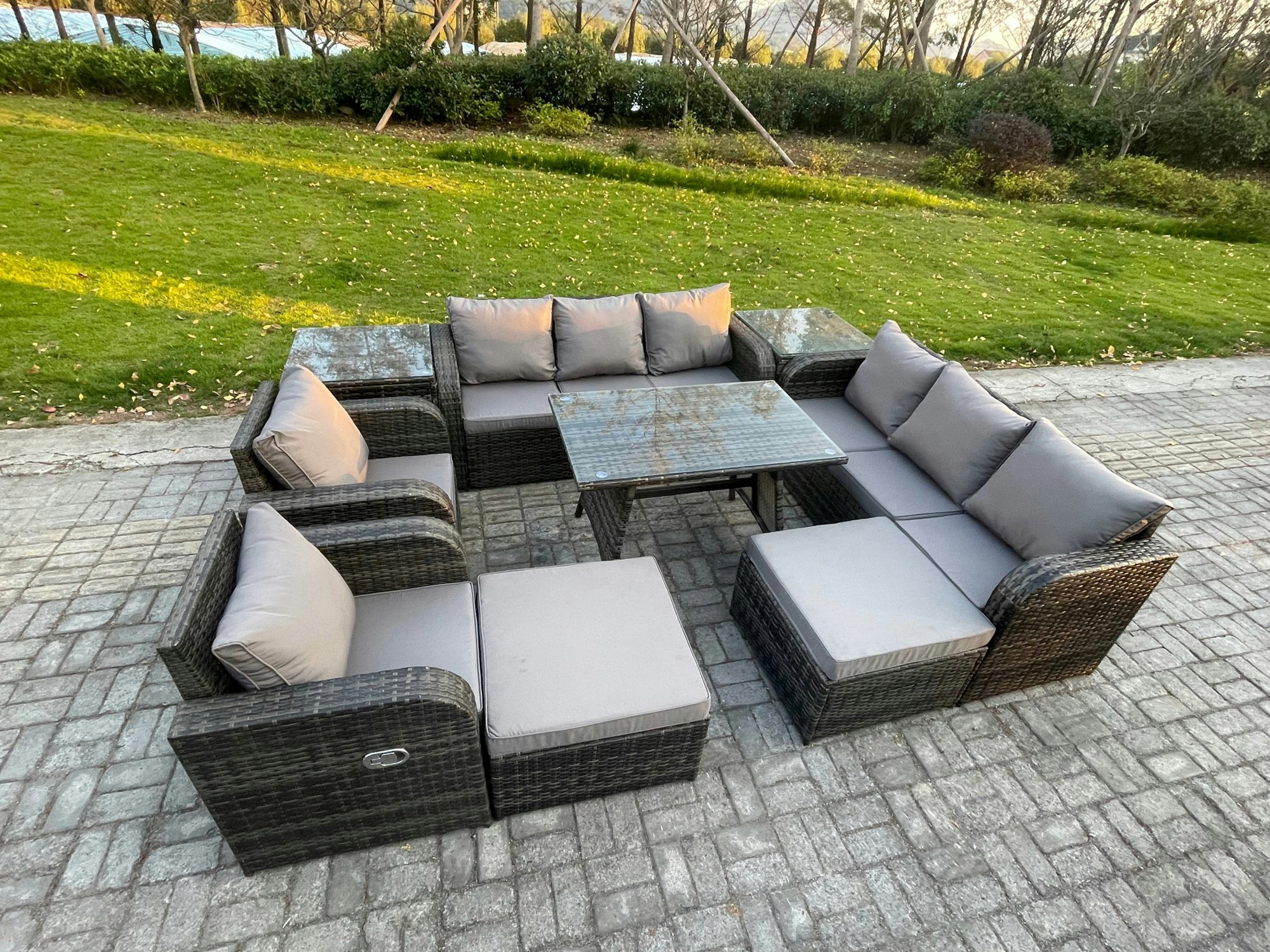 Rackhams Dark/Grey Outdoor Lounge Sofa Set Wicker Pe Rattan Garden Furniture Set With Rectangular Dining Table 2 Side Tables 2 Big Footstool Mixed