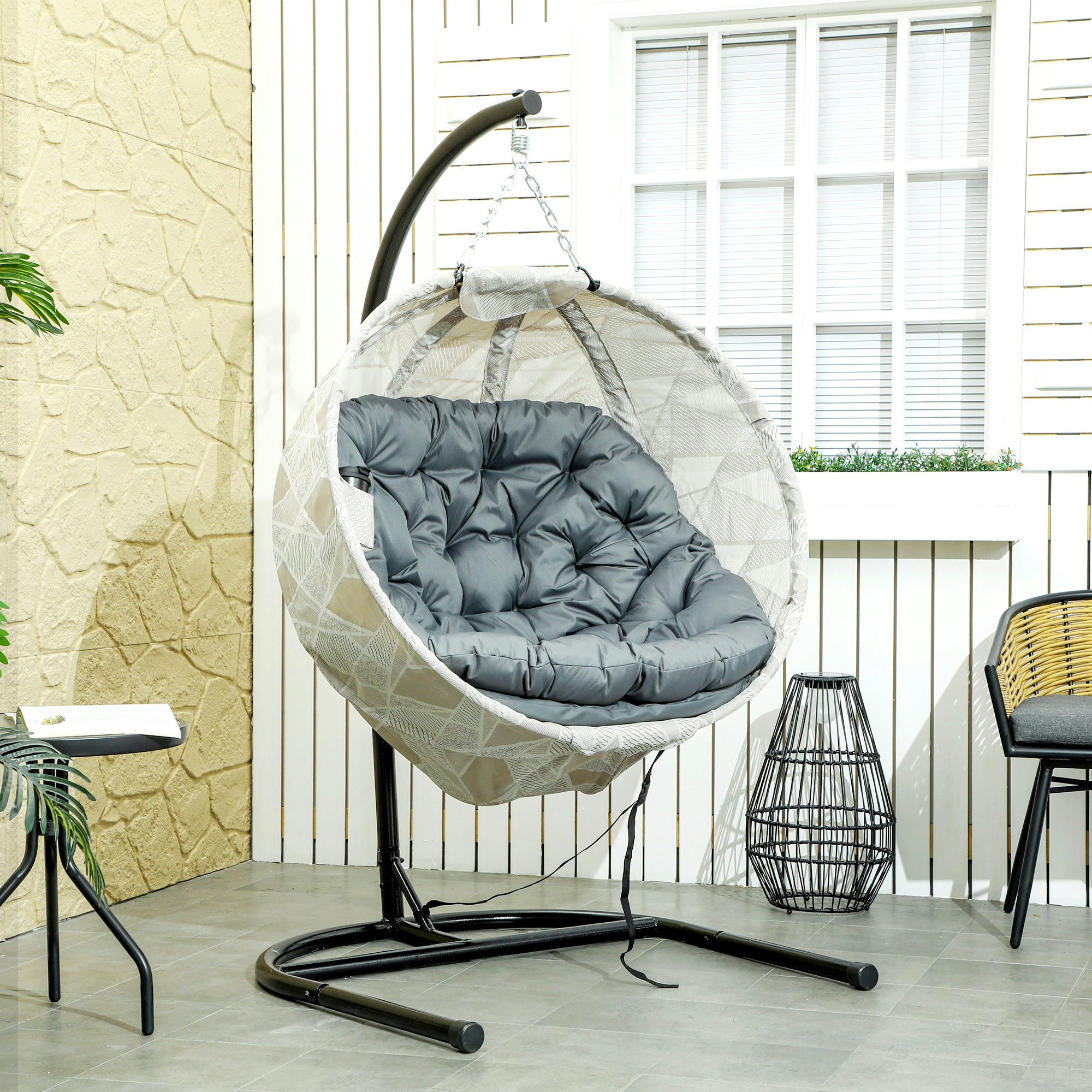 Outsunny Grey Hanging Egg Chair Outdoor Indoor Swing Chair, Folding Basket,