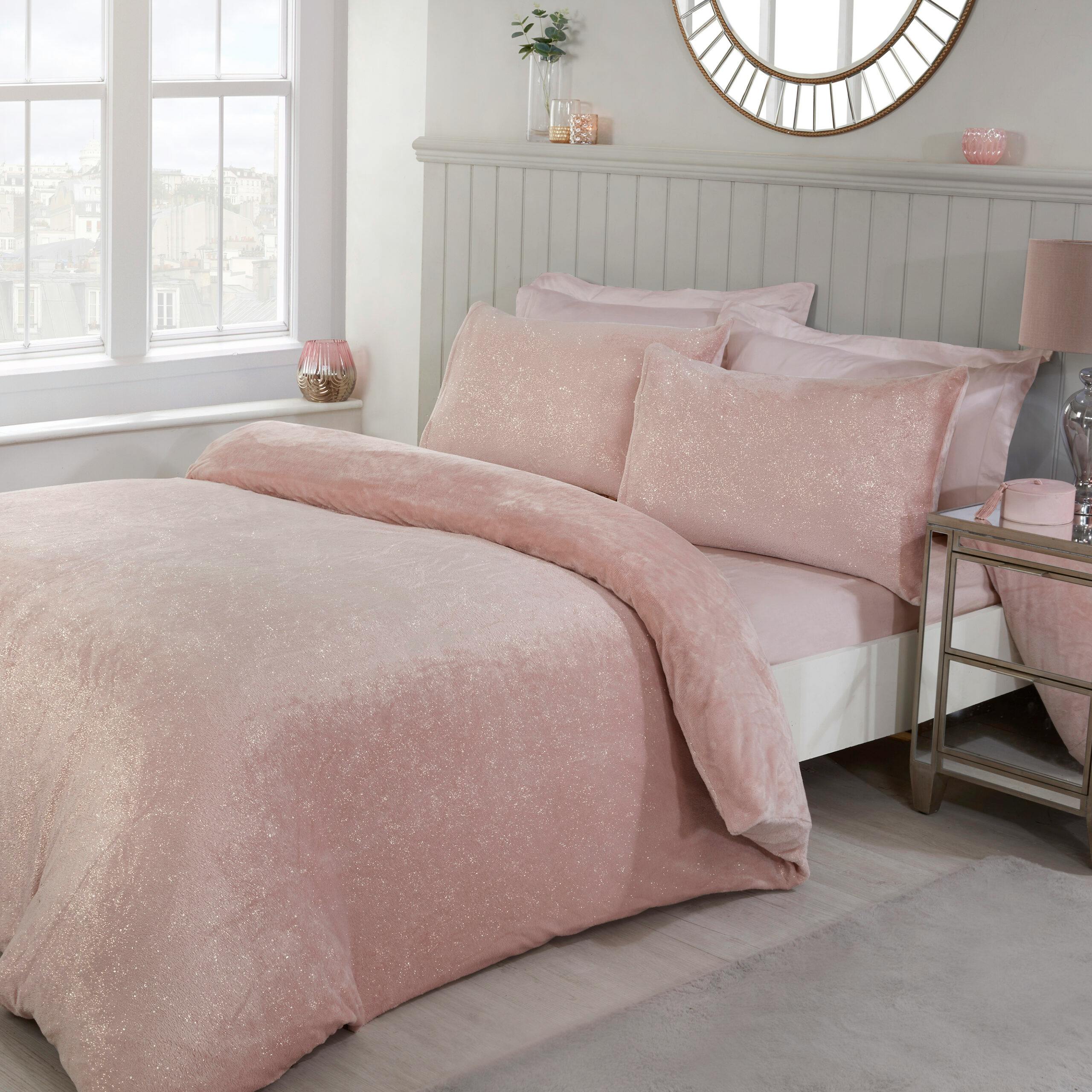 Rackhams Pink Glitter Foil Fleece Duvet Cover With Pillowcases - Blush - King (220Cm X 230Cm)