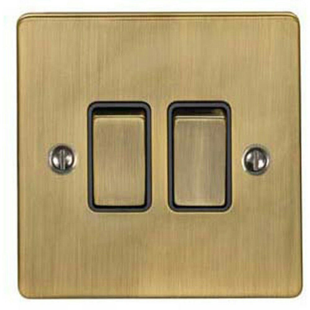 Rackhams Light/Black Gang Double Switch Antique Brass Way 10A Trim & Metal Rocker Size 2