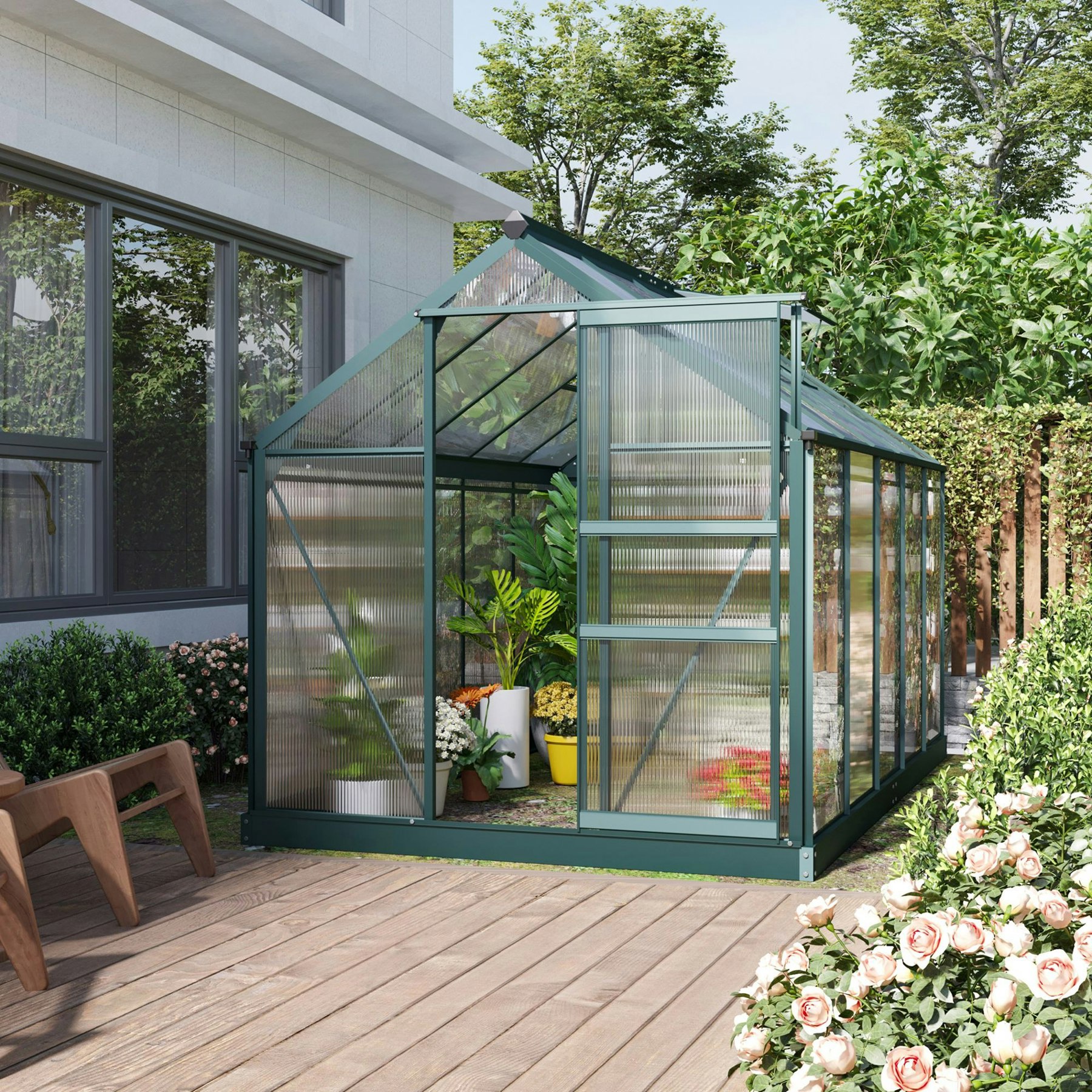 Rackhams Dark/Green Walk-In Polycarbonate Greenhouse Plant Grow Galvanized Aluminium - 312L X 190W X 201H Cm