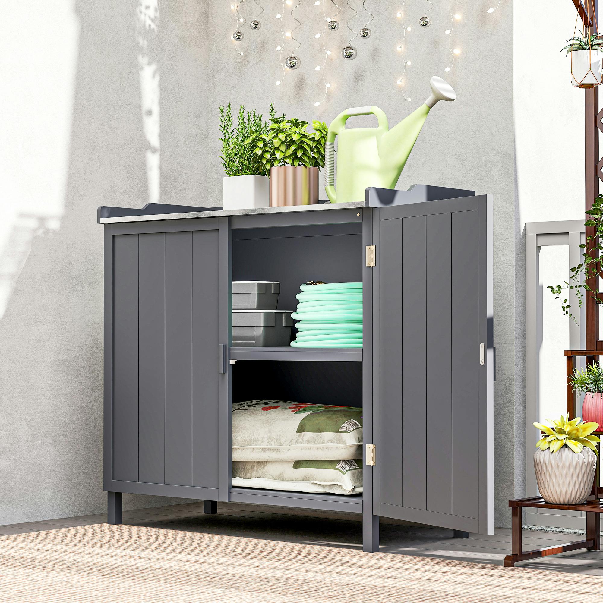 Outsunny Grey Garden Storage Cabinet Potting Bench Table With Galvanized Top,