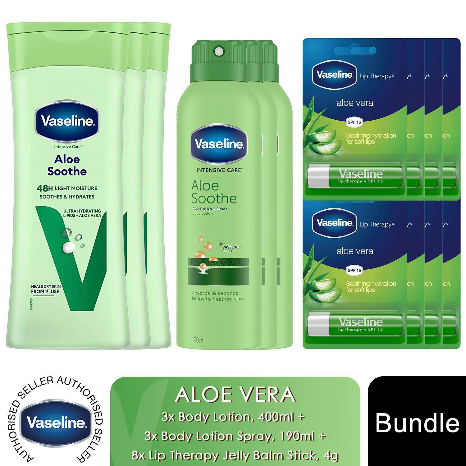 Vaseline Aloe Bundle Lip Therapy 4G, Spray Body Lotion 190Ml & Body Lotion 400Ml