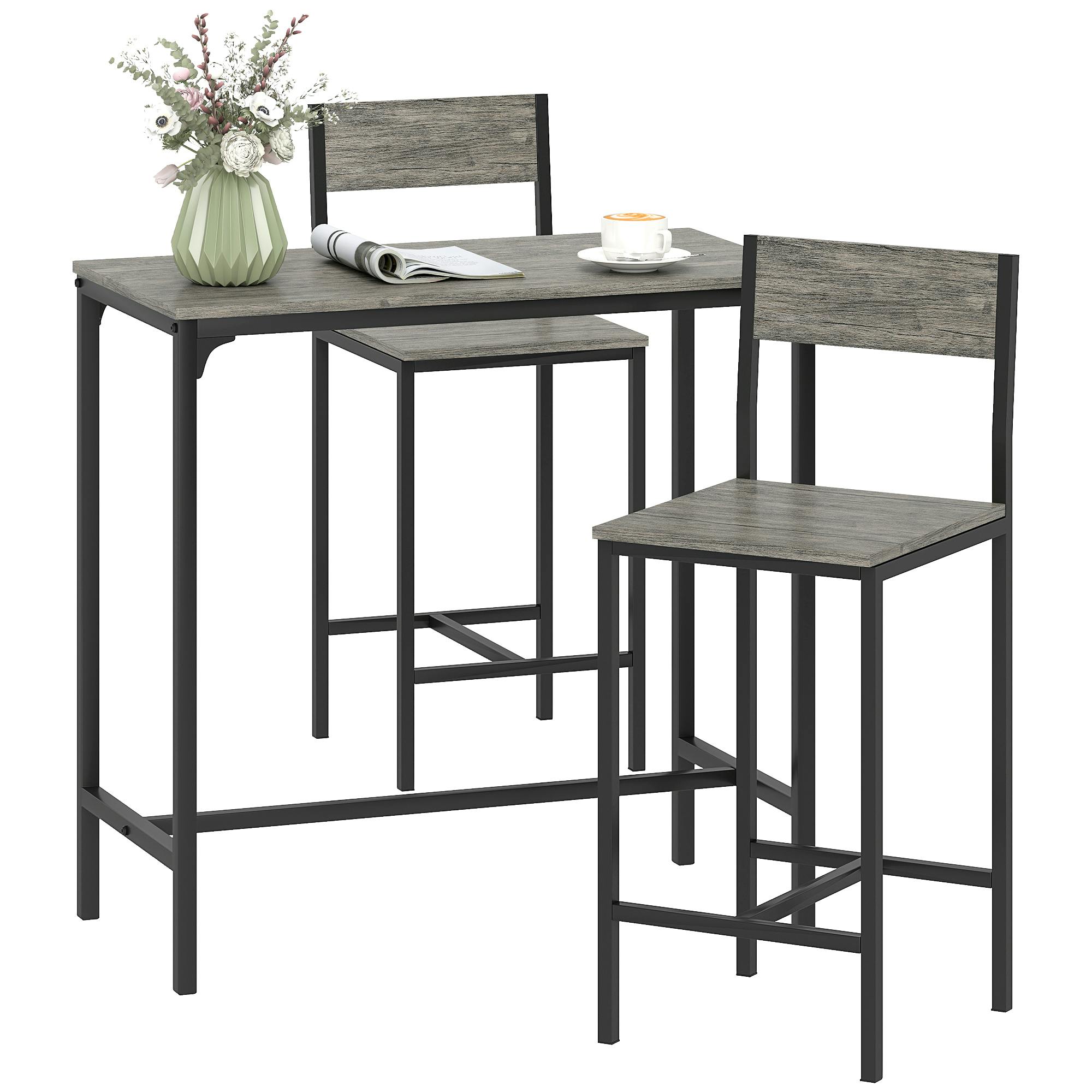 Rackhams Grey Bar Table And Stools Set, Kitchen Table And 2 Chairs With Backrest, Footrest - Charcoal