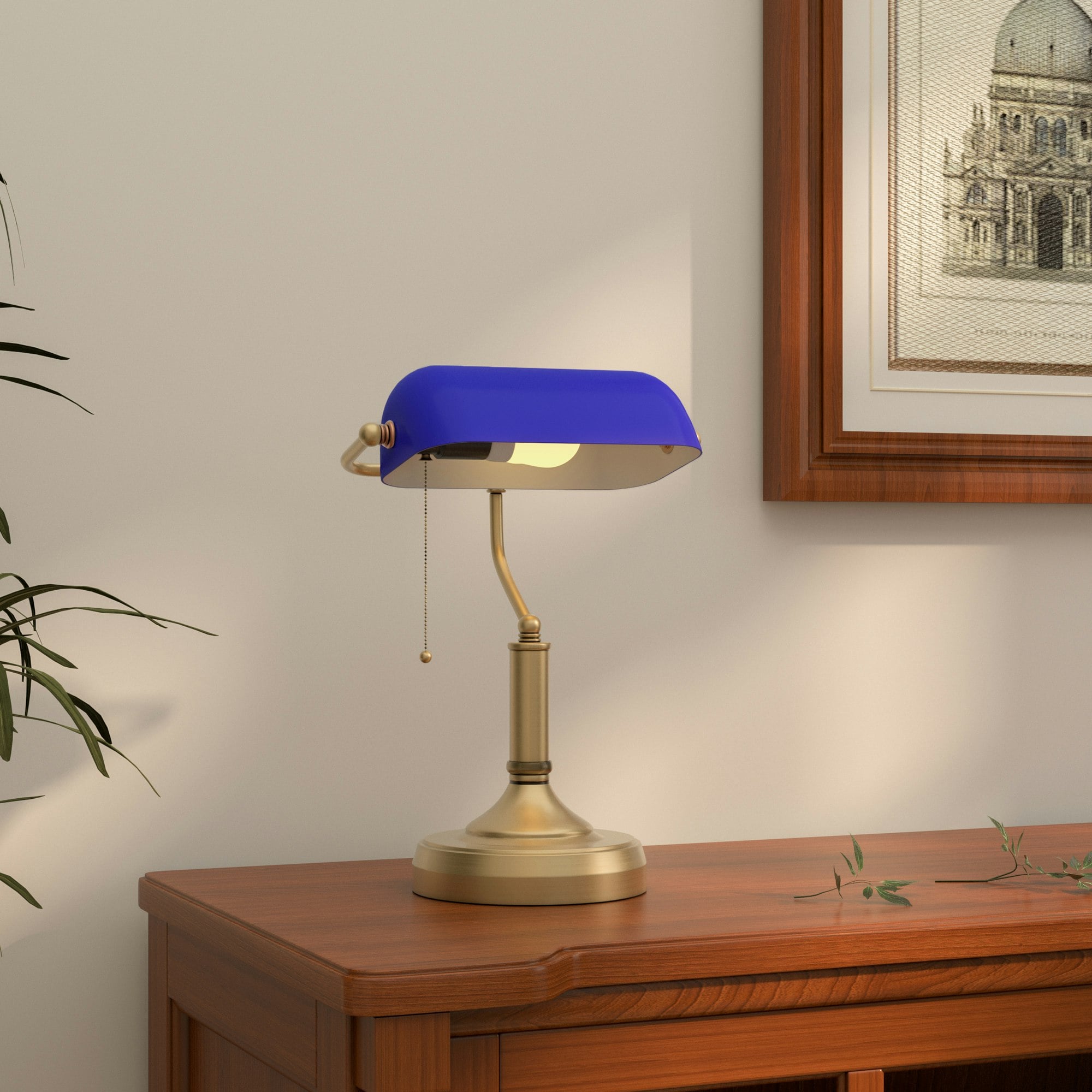 Rackhams Bronze/Blue Banker's Table Lamp W/ Antique Tone Base,