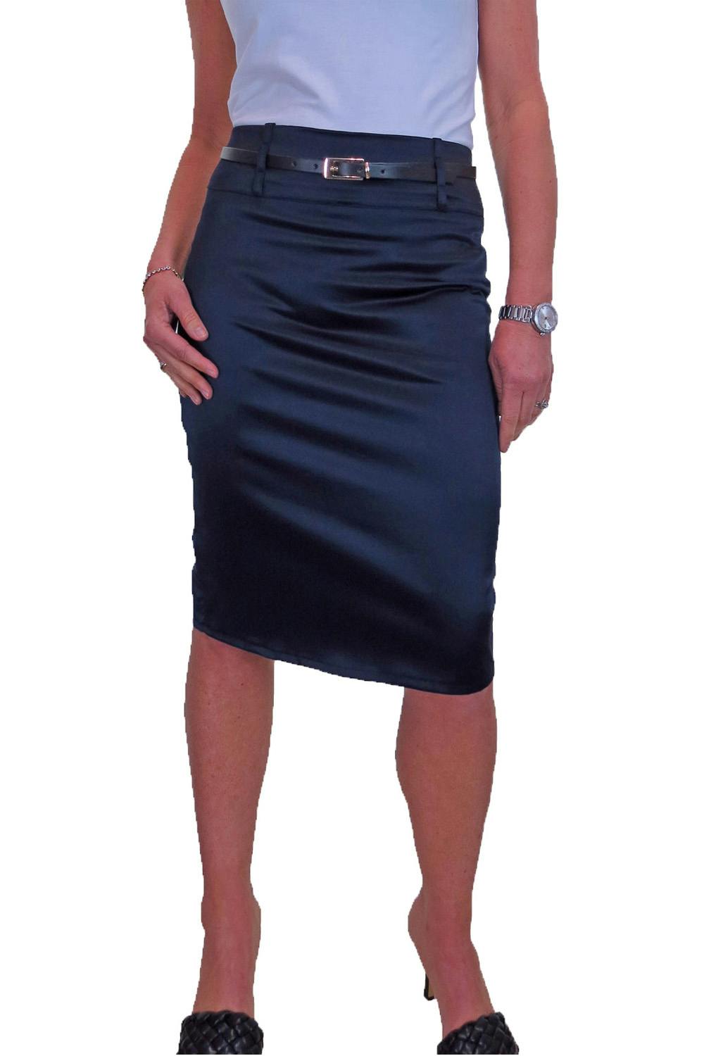 Paulo Due Women's Belted Satin Knee Length Pencil Skirt - 16 - Navy