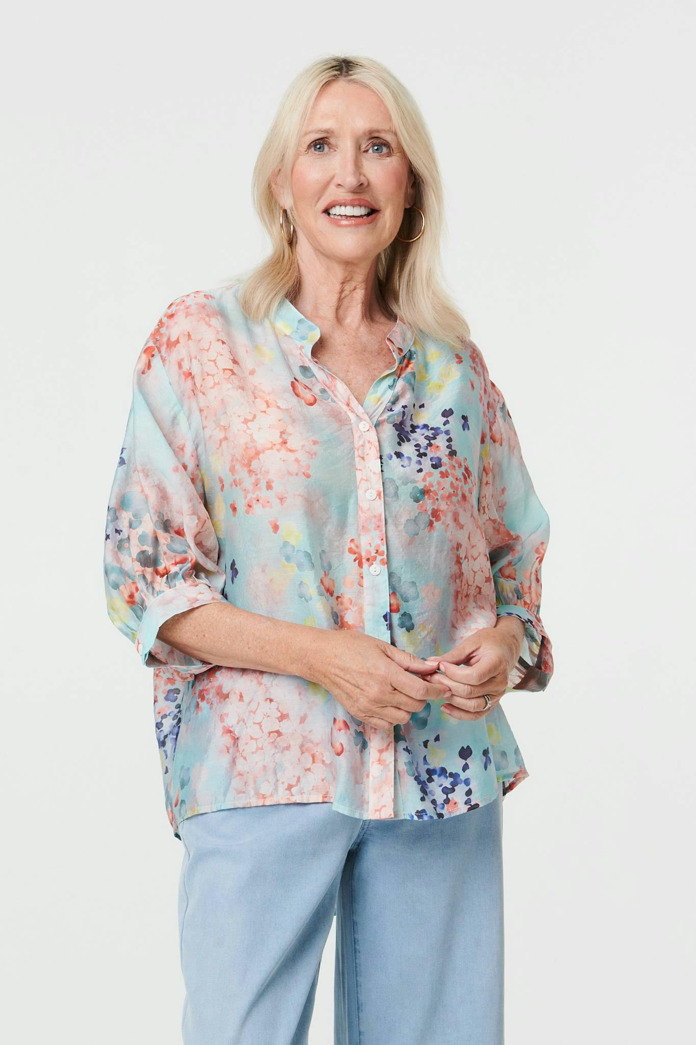 Izabel London Blue Floral 3/4 Sleeve Button Front Shirt - 14