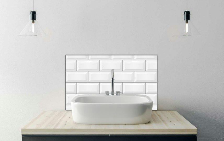 White Printed Glass Bathroom Splashback - Seamless Smooth Metro Tile Texture - Realistic Brick Background - 500X300mm