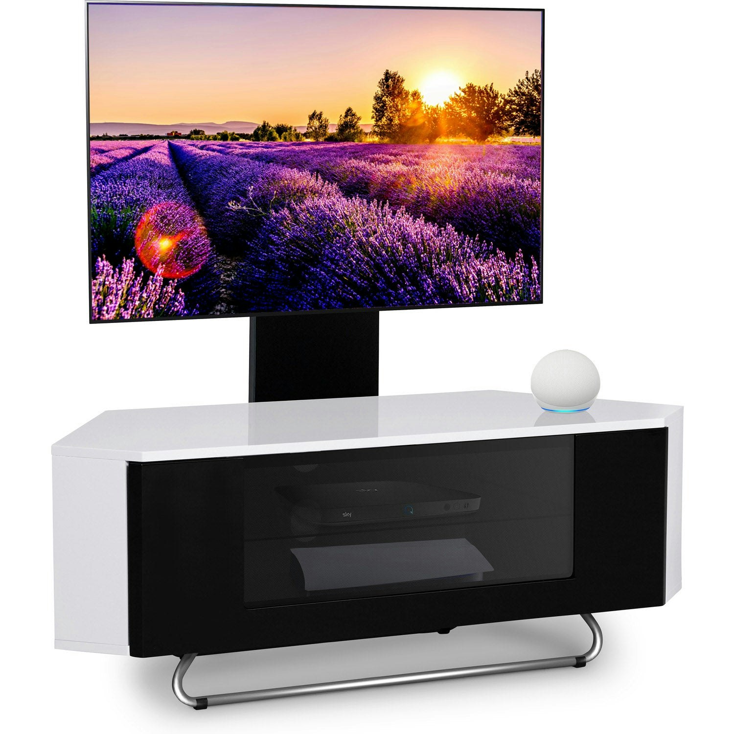 Centurion Supports White/Black Hampshire Corner-Friendly Gloss With Beam-Thru Remote Friendly Door 26"-50" Flat Screen Tv Cabinet With Mounting Arm