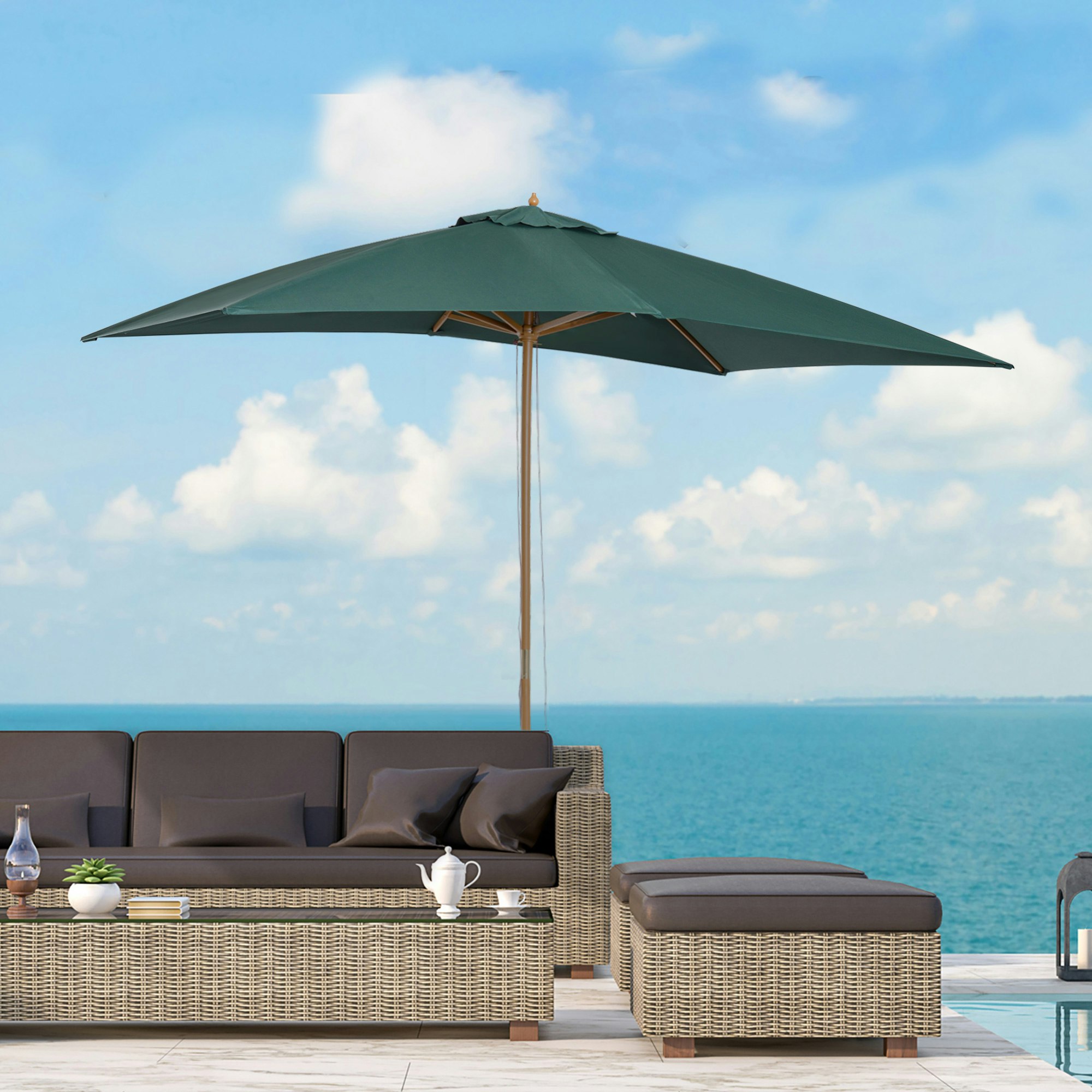 Rackhams Black/Green 2 X 3M Wooden Garden Parasol Umbrella Outdoor Sun Shade Canopy, Table Market Umbrella With Vent, 38 Mm Pole, Rope Pulley Mechanism, - 2M X 2.95M X 2.55M