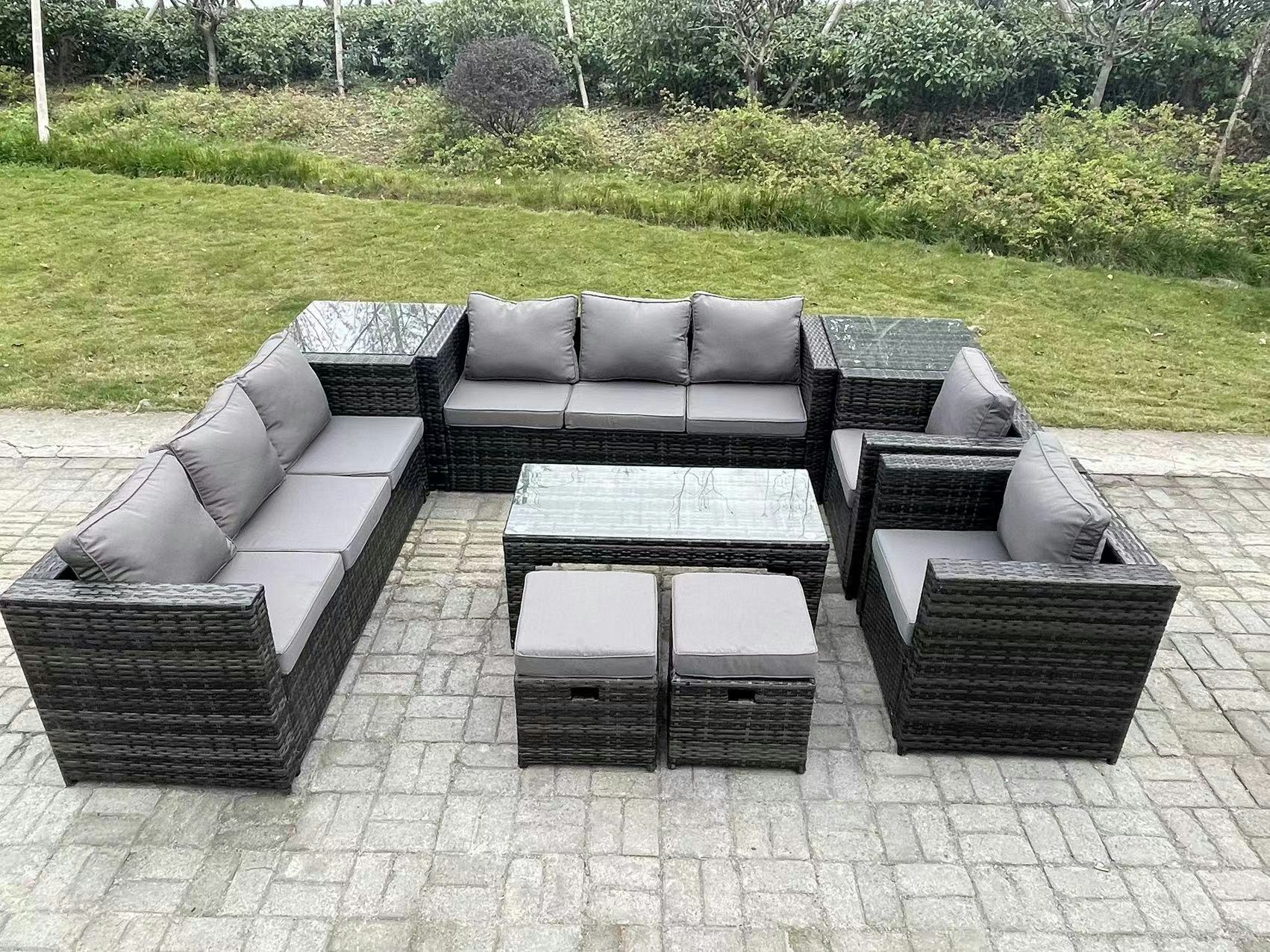 Rackhams Dark/Grey Outdoor Rattan Garden Furniture Lounge Sofa Set With Oblong Rectagular Coffee Table 2 Pc Arm Chair 2 Side Coffee Table 2 Stools