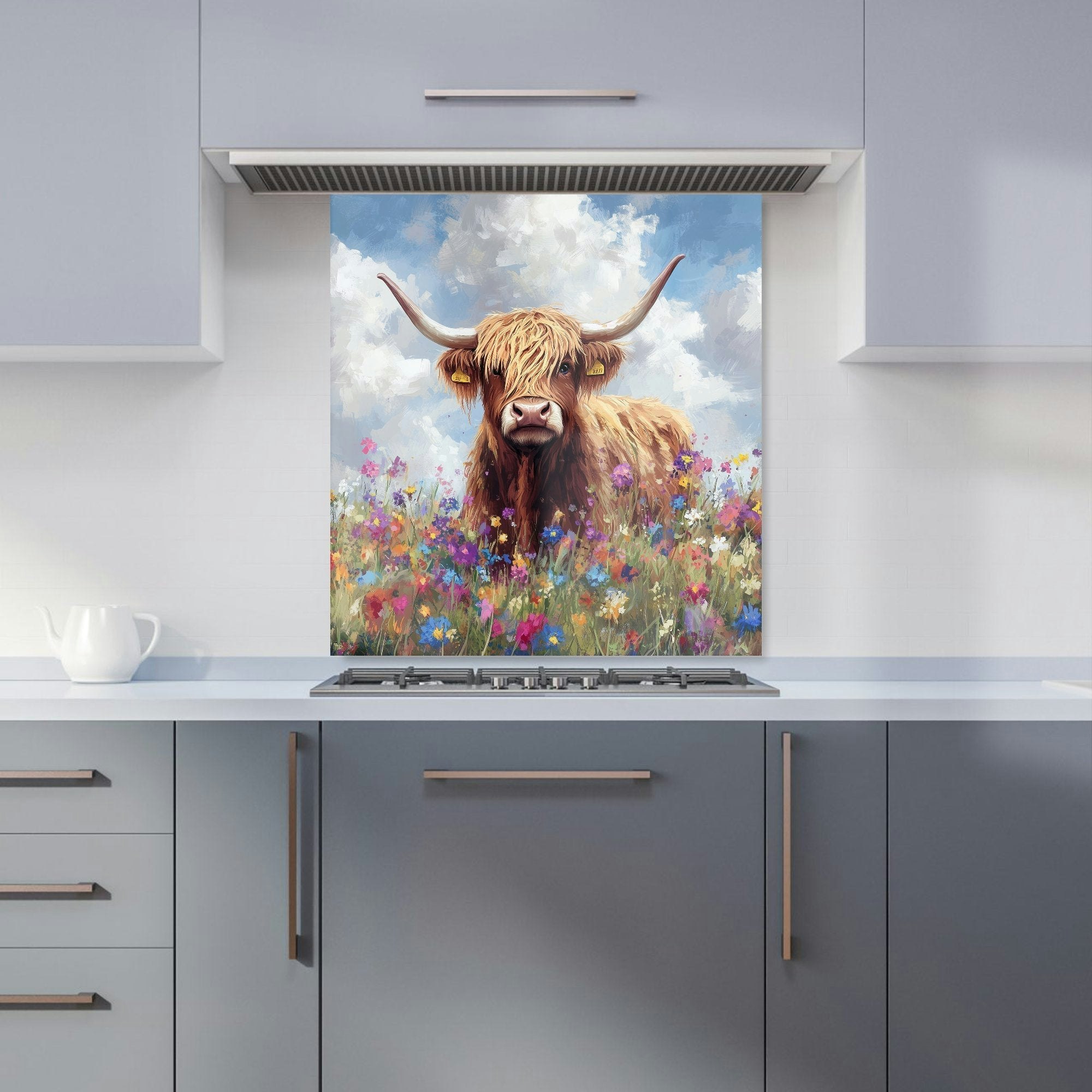Warren Reed - Highland Cow In A Summer Meadow Kitchen Splashback - W700mm X H650mm