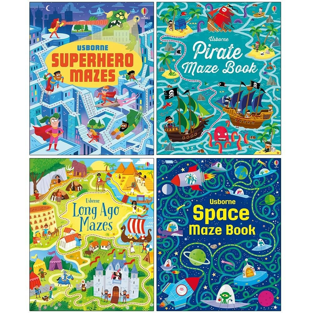 Usborne Maze Series 4 Book Set (Superhero Mazes, Pirate Maze Book, Long Ago Mazes & Space Maze Book)