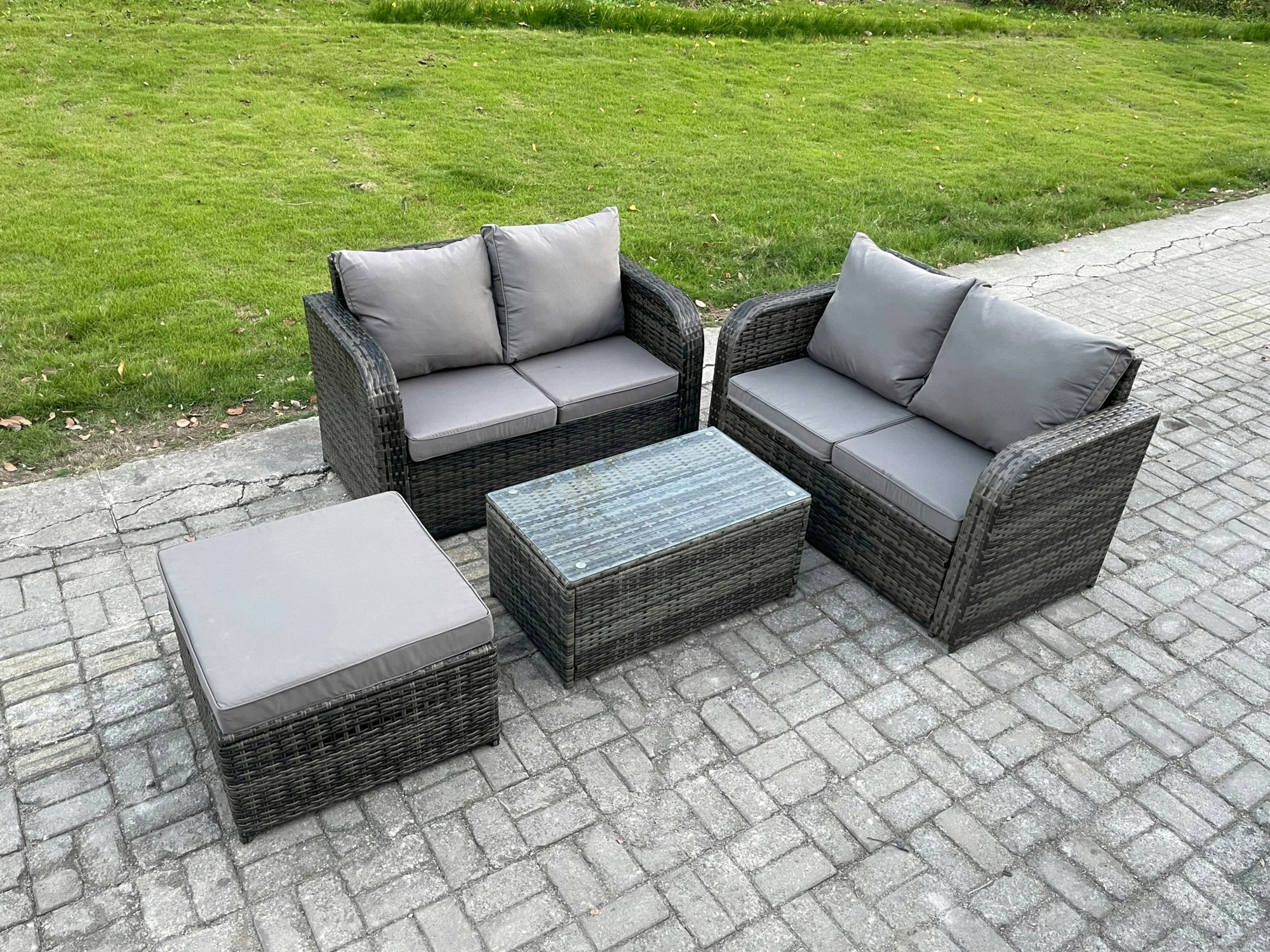 Fimous Dark/Grey Outdoor Lounge Sofa Set Rattan Garden Furniture Set With Rectangular Coffee Table Big Footstool Mixed