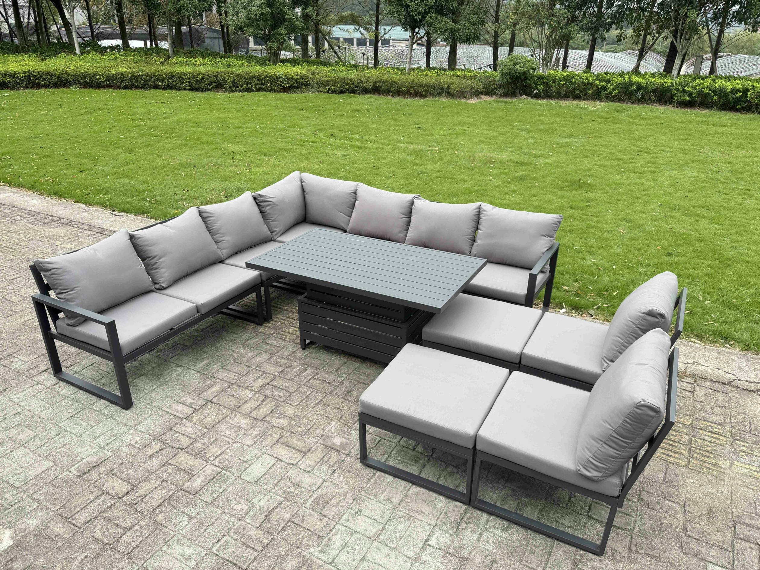 Fimous Grey 10 Seater Aluminium Garden Furniture Set With Adjustable Rising Dining Table, Corner Sofa, 2 Footstools