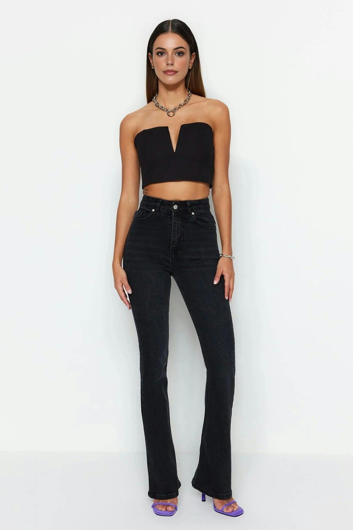 Wovcor Black High Waist Comfort Flare Jeans - 14
