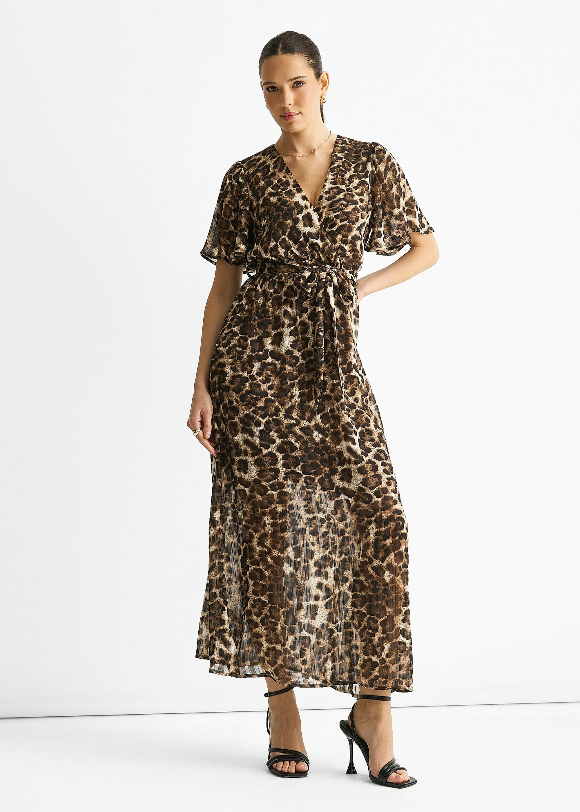 Gini London Brown Chiffon Animal Lurex Stripe Wrap Midi Dress - Uk 14 / Us 10 / Eu 42