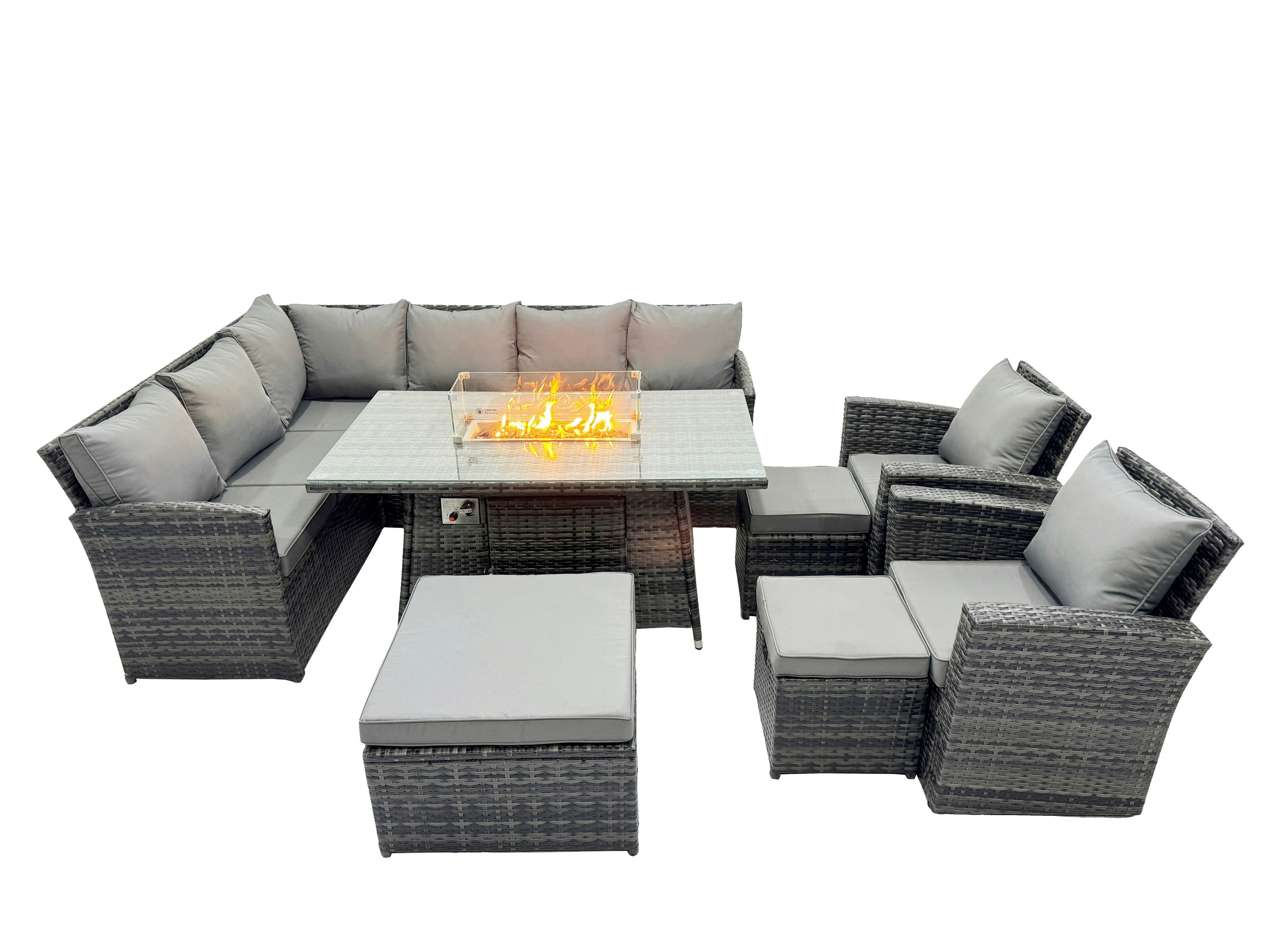 Rackhams Dark/Grey 11 Seat Poly Rattan Outdoor Patio Gas Firpit Dining Table Corner Sofa Set With 3 Stool 2 Chairs For Garden Backyard Mixed