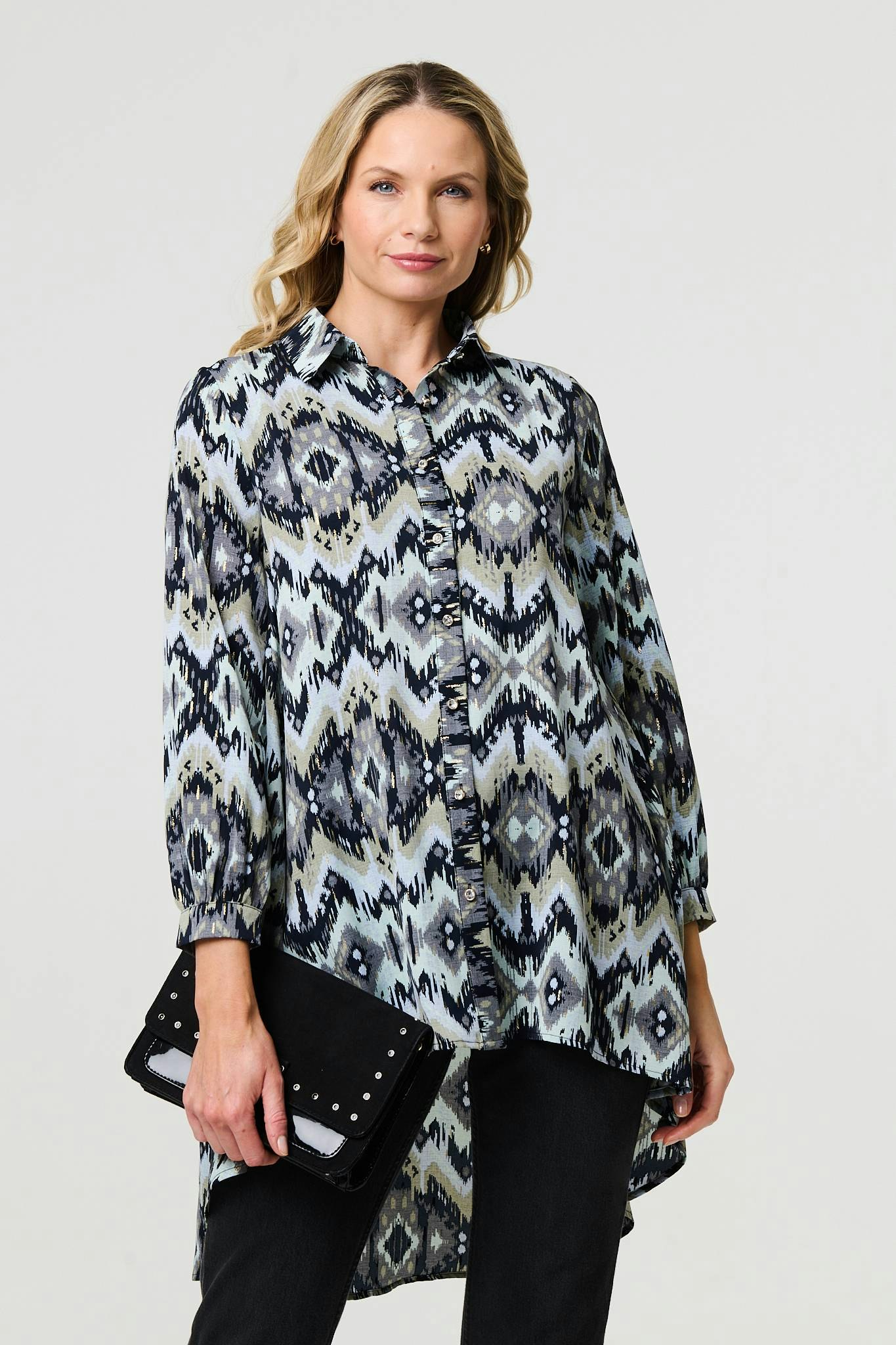 Izabel London Women's Black Aztec Print High Low Long Sleeve Shirt - 14