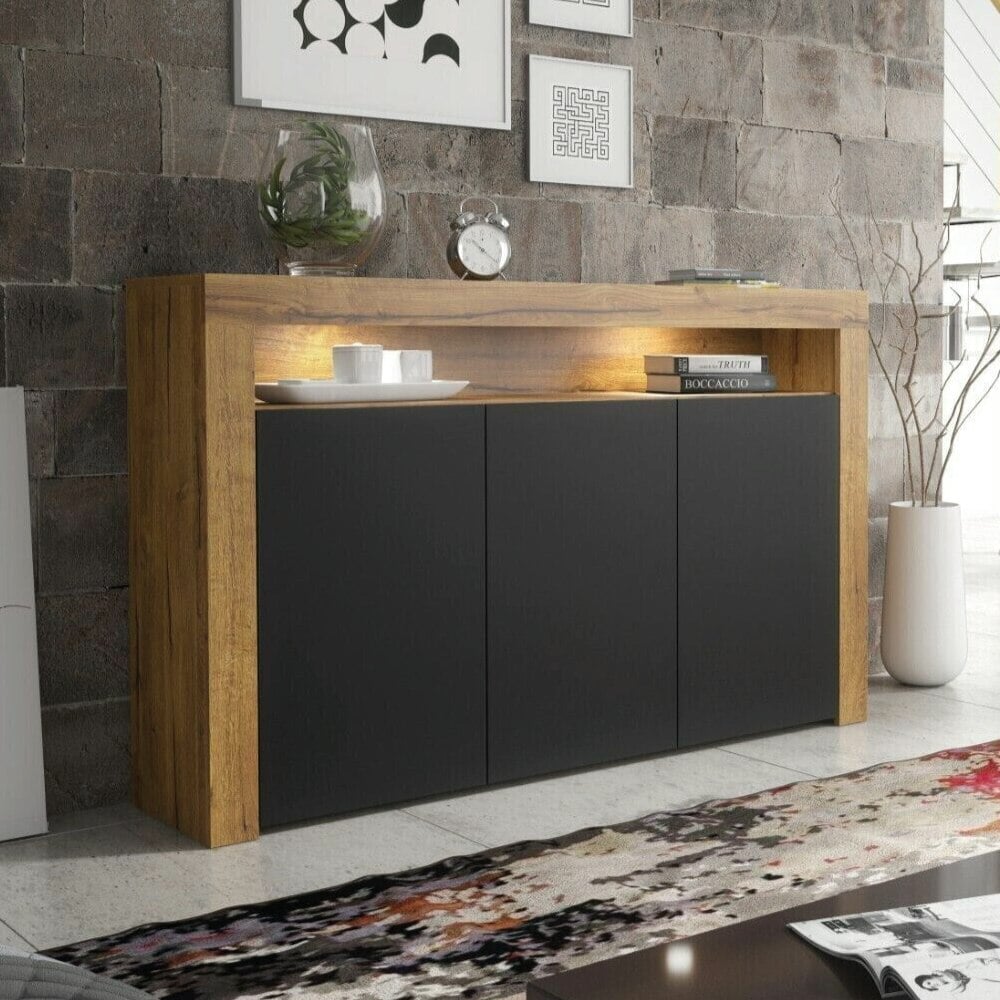 Rackhams Black Contemporary 155Cm Sideboard Tv Stand Cupboard Cabinet – Matt Doors & Free Led - 155Cm - Oak Matt Body & Oak Matt Doors - Mdf/Chipboard