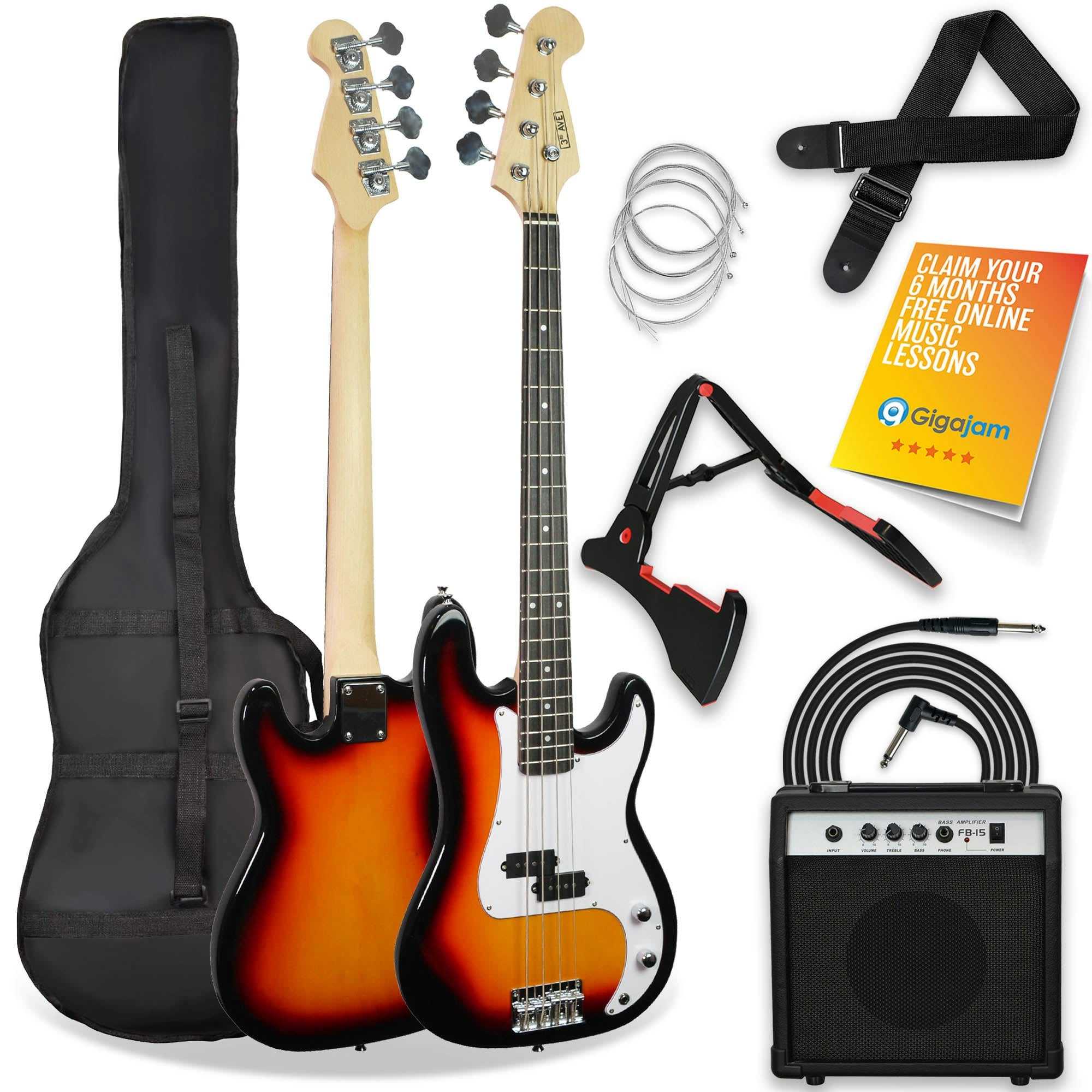 3Rd Avenue White Electric Bass Guitar Pack - Sunburst